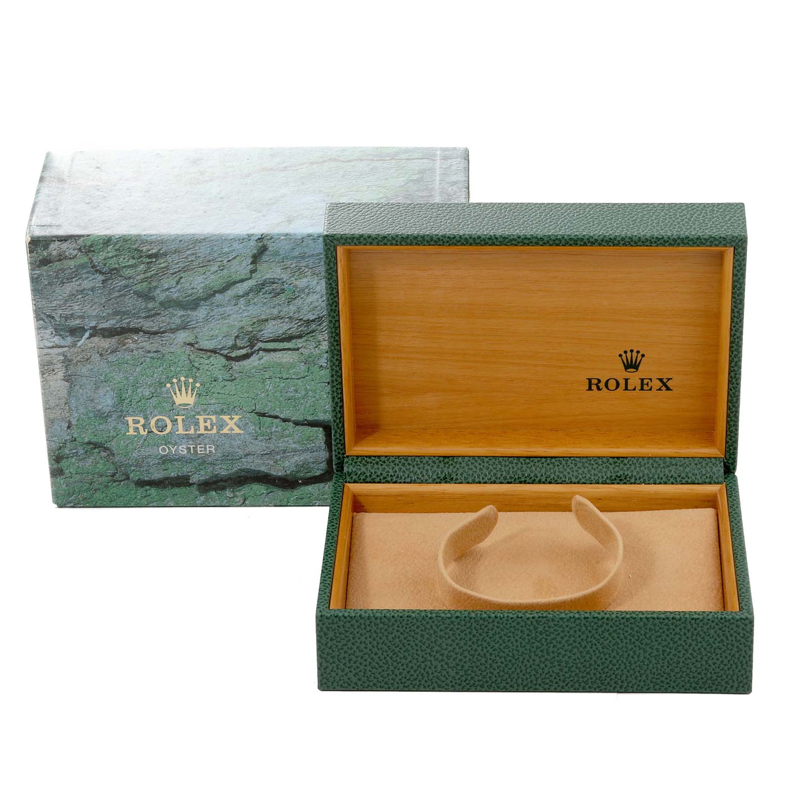 This image shows an open Rolex Datejust 16234 Men's Stainless Steel Grey Dial 16234 Men's Stainless Steel Grey Dial watch box with its exterior box, both in a green textured design.