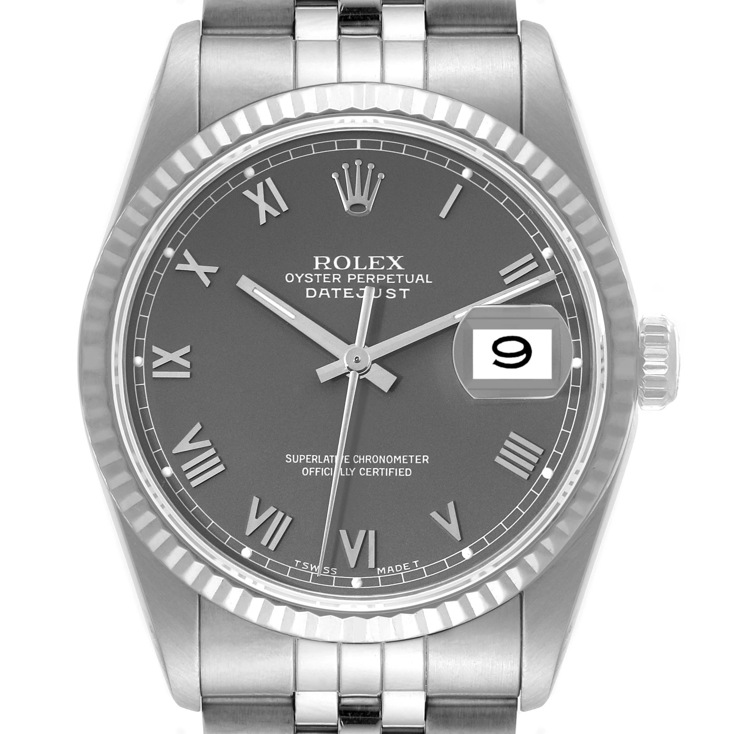 This is a close-up of the Rolex Datejust 16234 Men's Stainless Steel Grey Dial 16234 Men's Stainless Steel Grey Dial watch, showing the dial, hands, bezel, crown, and part of the bracelet.