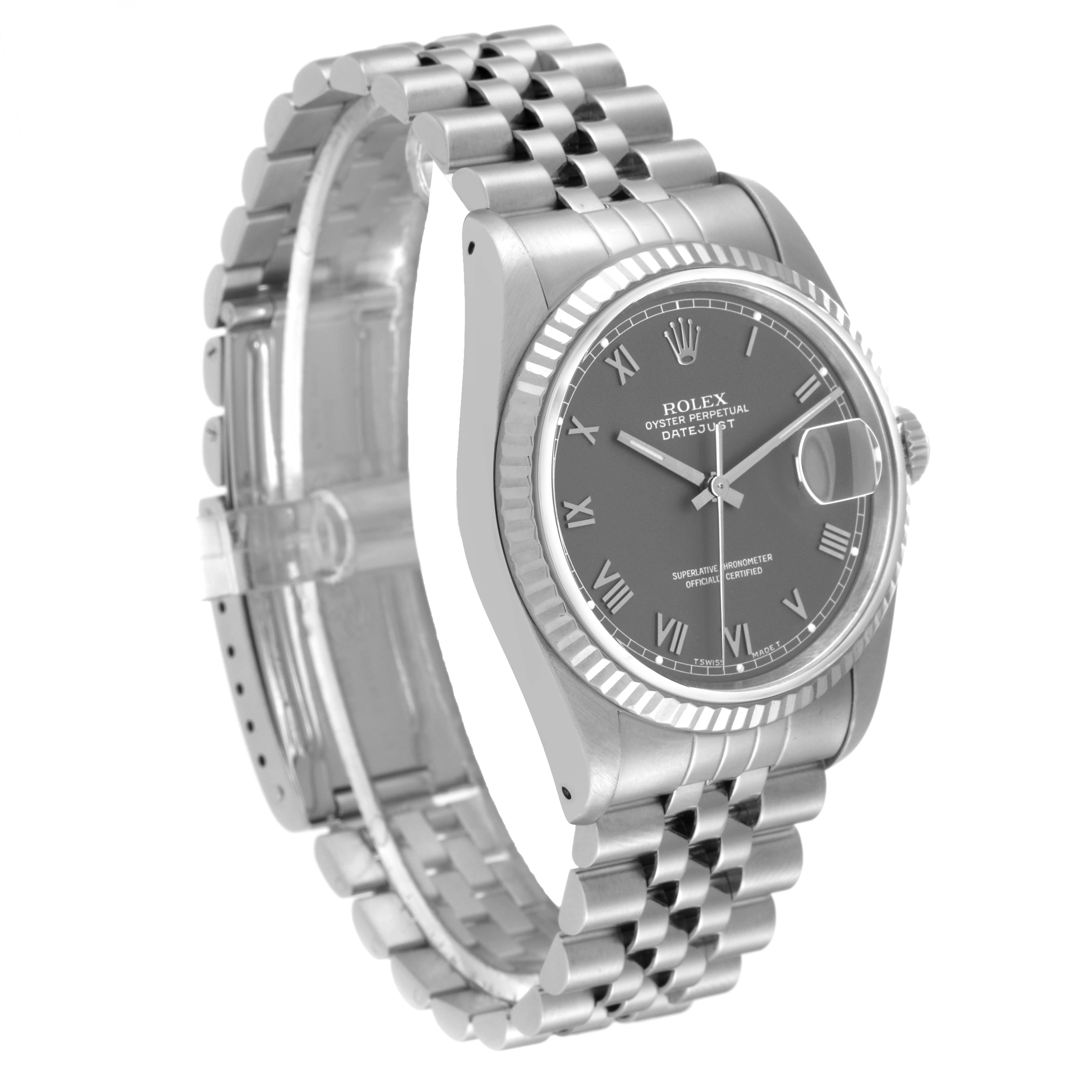 The image shows a Rolex Datejust 16234 Men's Stainless Steel Grey Dial 16234 Men's Stainless Steel Grey Dial model watch at a three-quarter angle displaying the case, dial, bezel, and bracelet.