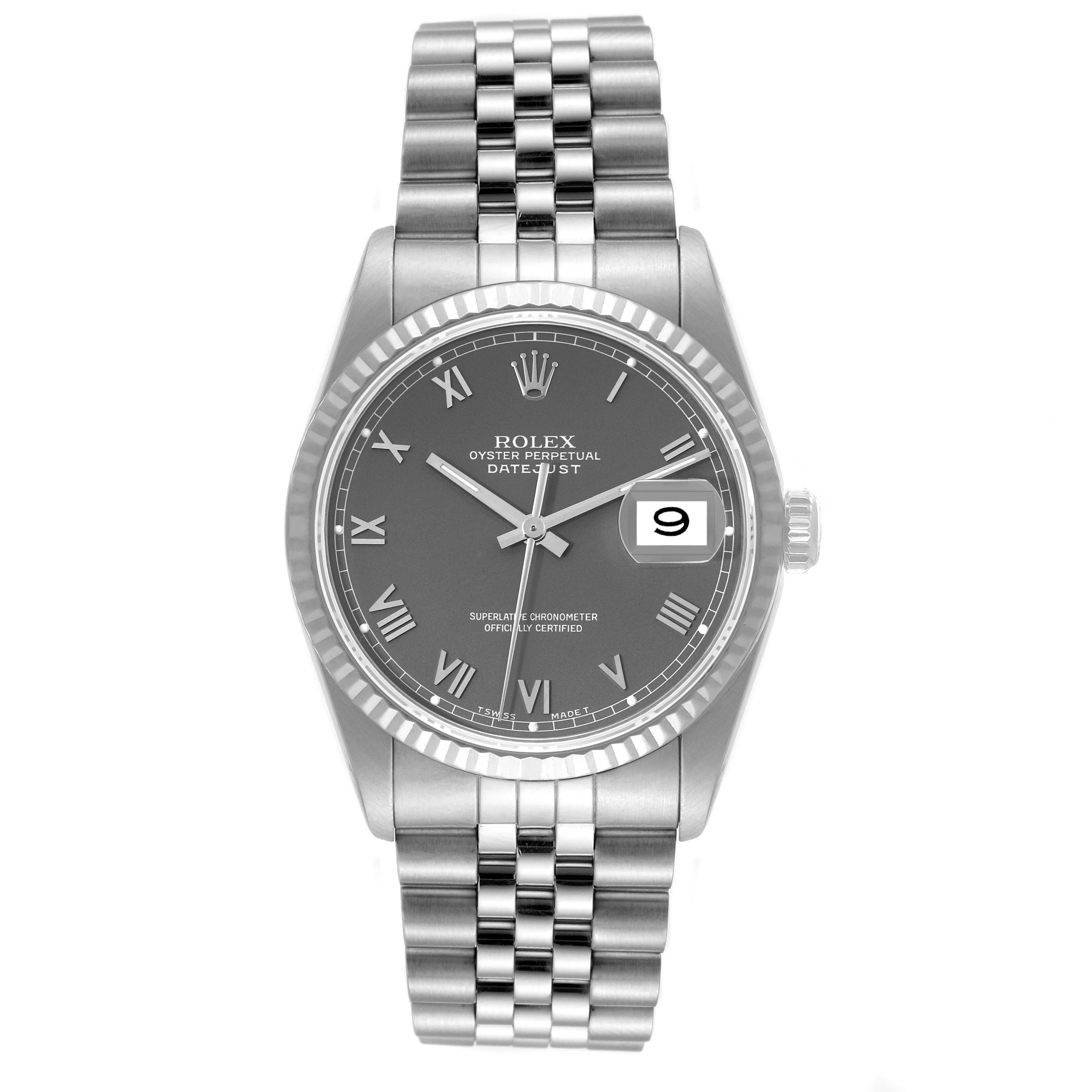 The image shows the front view of a Rolex Datejust 16234 Men's Stainless Steel Grey Dial 16234 Men's Stainless Steel Grey Dial watch, highlighting the face, bezel, and bracelet.