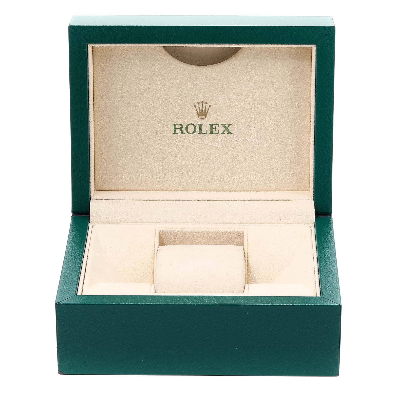 The image shows an open green and beige watch box for the Rolex Datejust 179174 Women's Stainless Steel Grey Dial 179174 Women's Stainless Steel Grey Dial model.