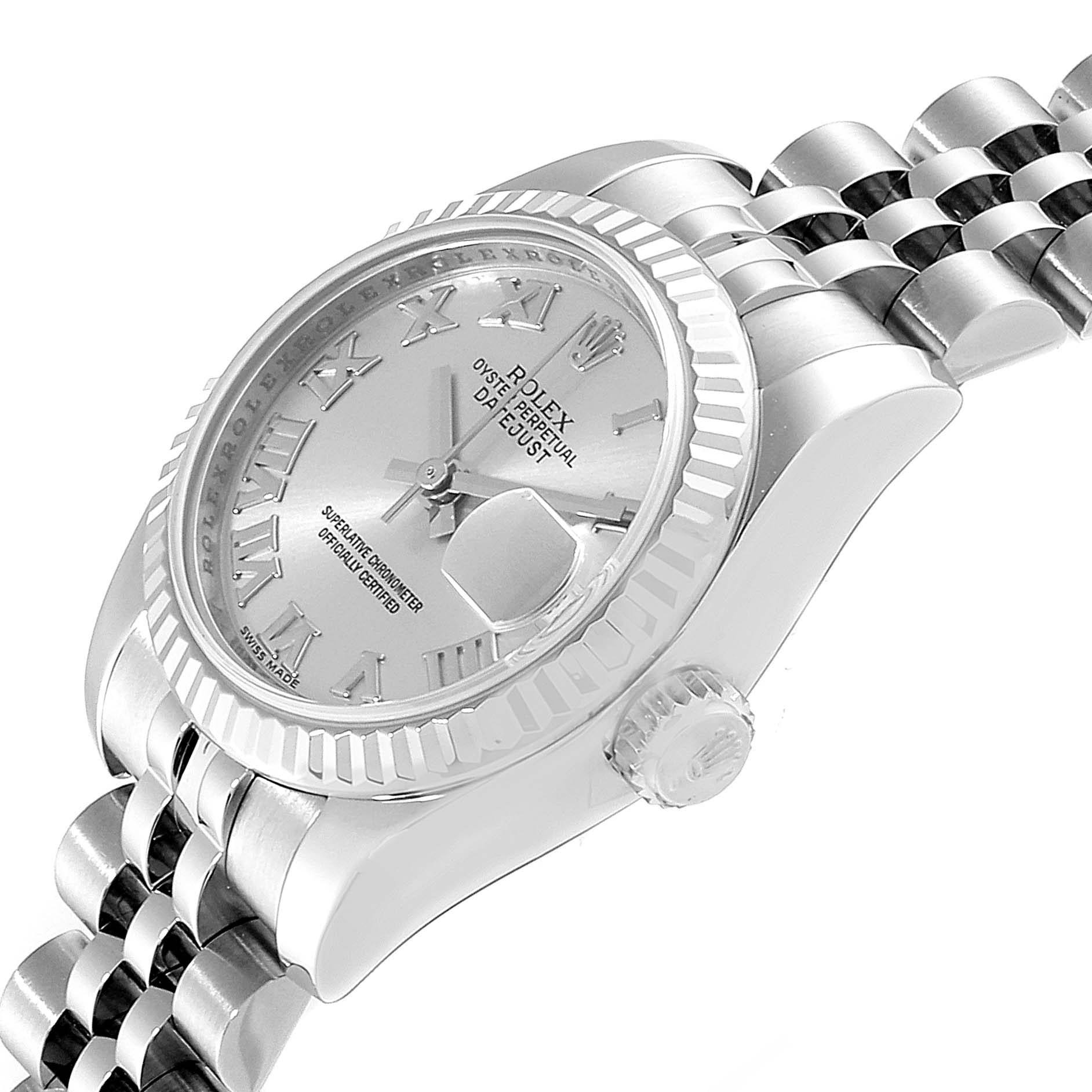 This is a close-up angle of the Rolex Datejust 179174 Women's Stainless Steel Grey Dial 179174 Women's Stainless Steel Grey Dial model showing its face, bezel, crown, and part of the bracelet.
