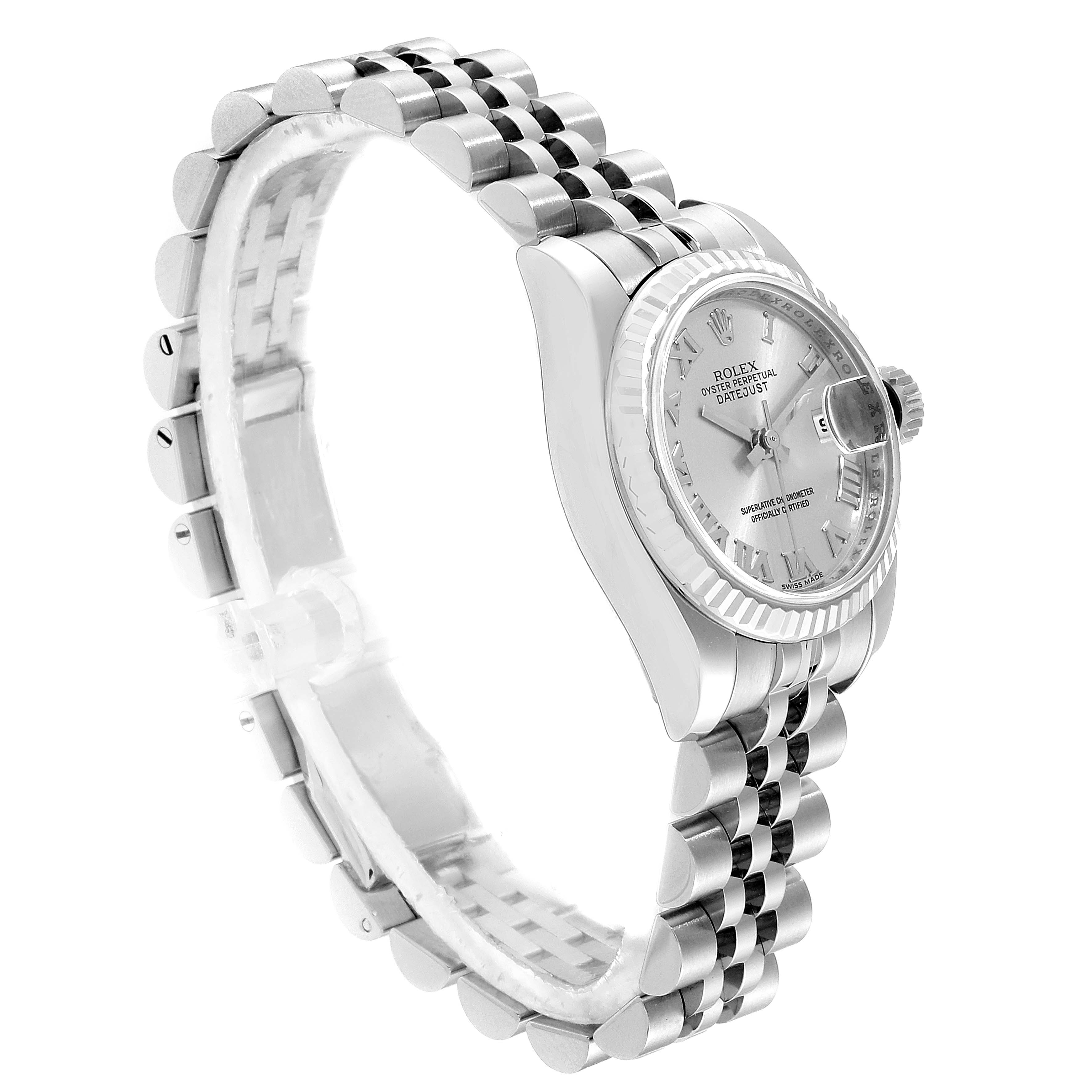 The image shows a side view of a Rolex Datejust 179174 Women's Stainless Steel Grey Dial 179174 Women's Stainless Steel Grey Dial watch, highlighting its dial, bezel, and jubilee bracelet.