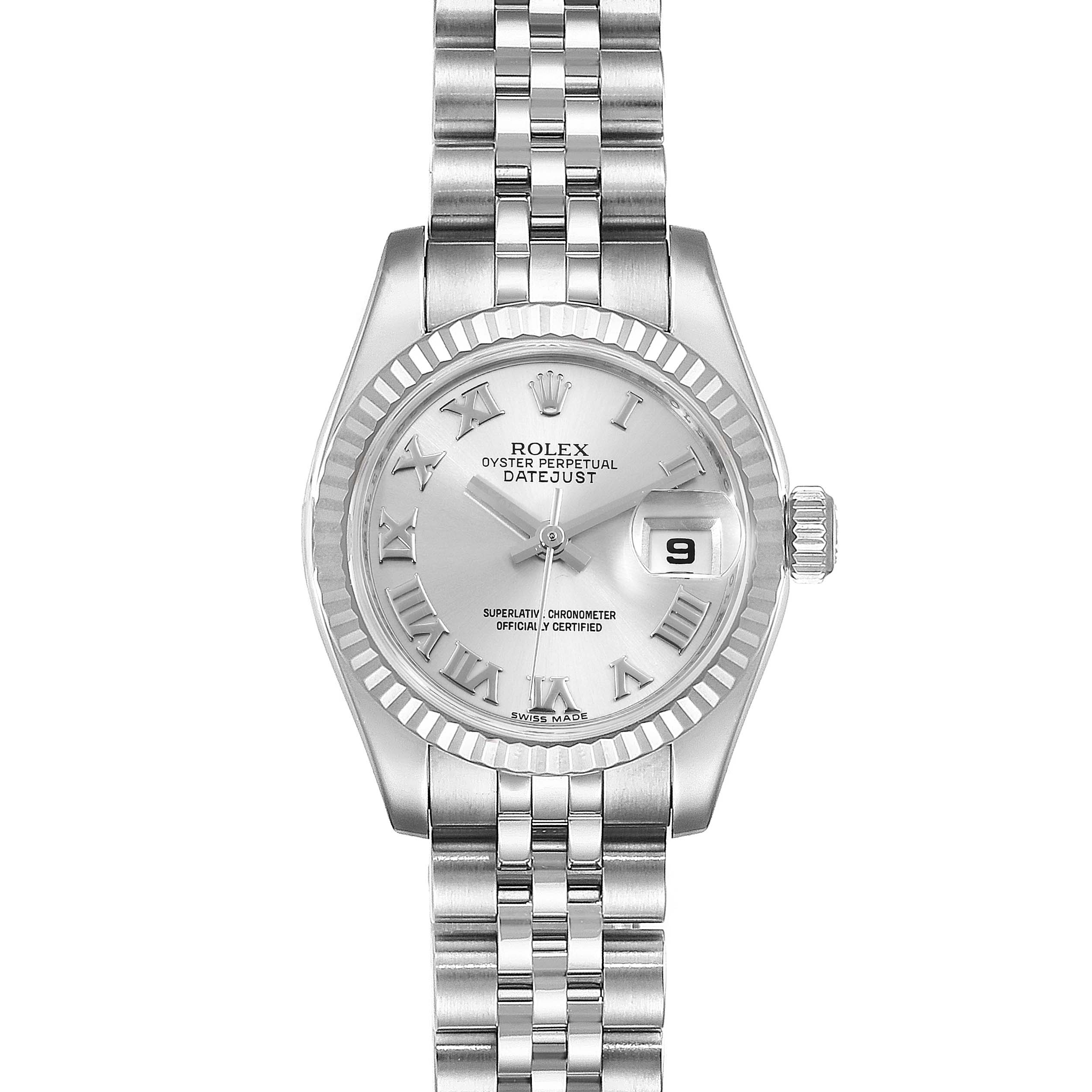 The Rolex Datejust 179174 Women's Stainless Steel Grey Dial 179174 Women's Stainless Steel Grey Dial model is shown from a top view, displaying the full face, bezel, and bracelet.