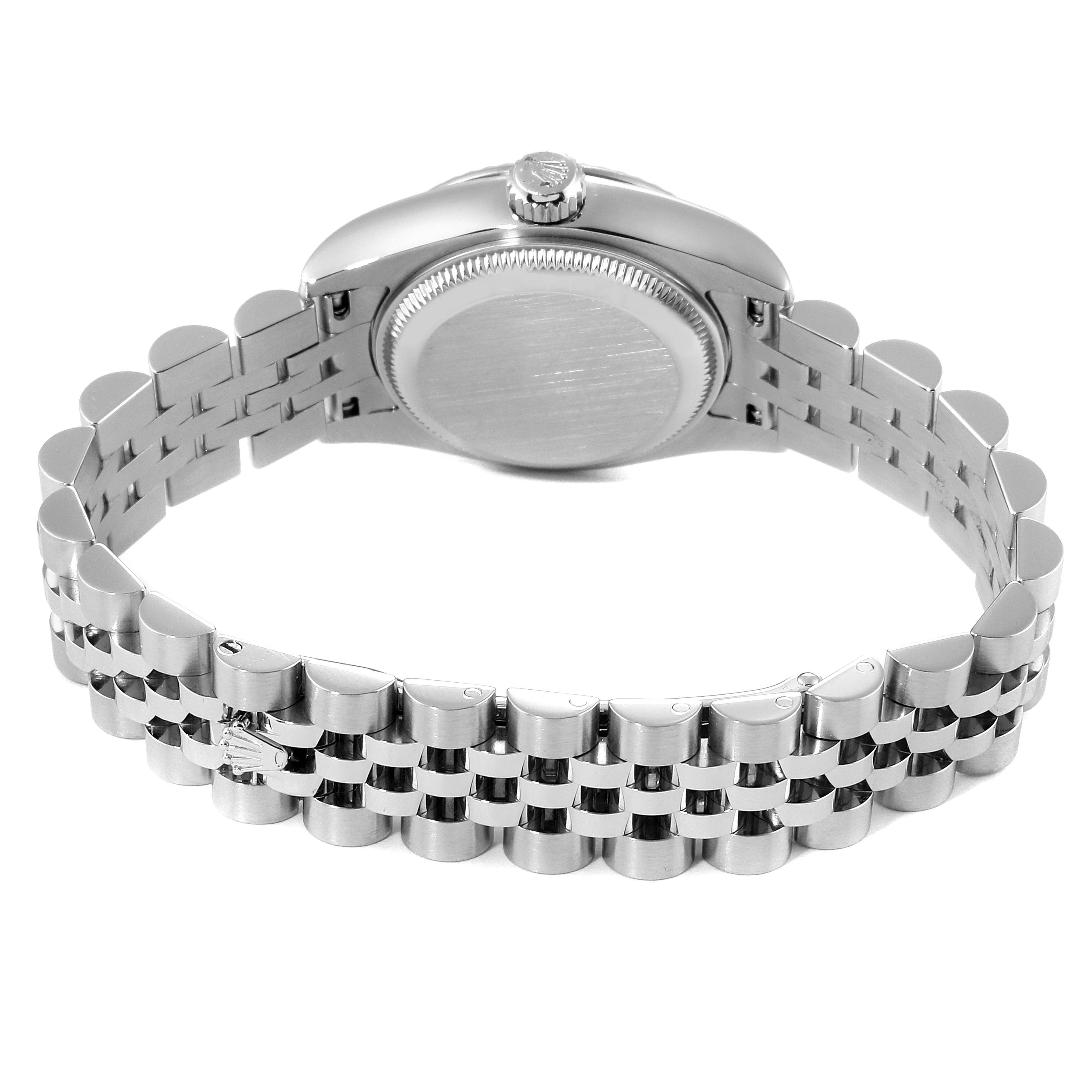 The image shows the back of a Rolex Datejust 179174 Women's Stainless Steel Grey Dial 179174 Women's Stainless Steel Grey Dial watch, highlighting its case back and jubilee bracelet.