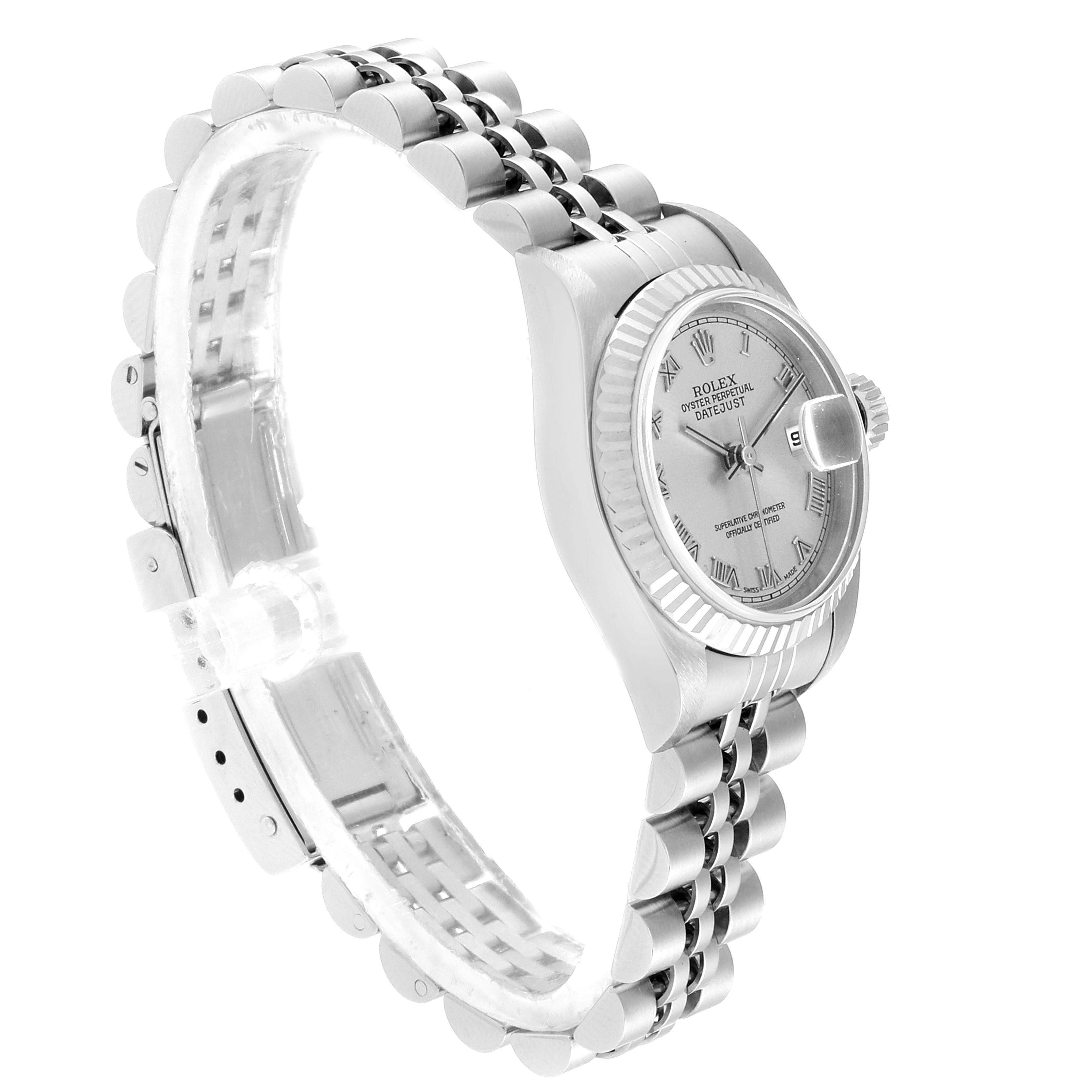 This image shows a side angle of the Rolex Datejust 79174 Women's Stainless Steel Silver Dial 79174 Women's Stainless Steel Silver Dial, highlighting its bracelet, case, and partially visible dial.