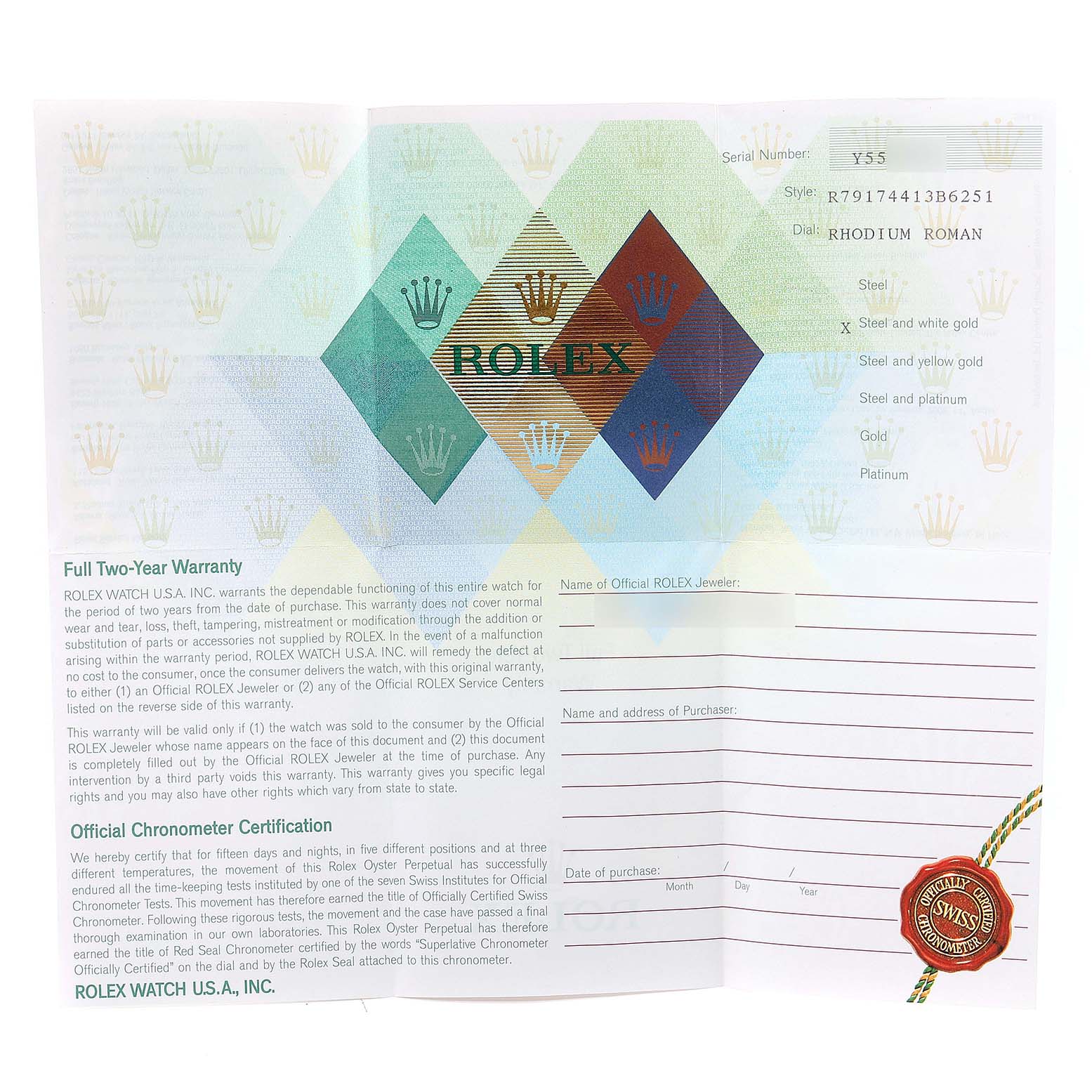 This image shows the Rolex warranty card and certification document for the Datejust model.