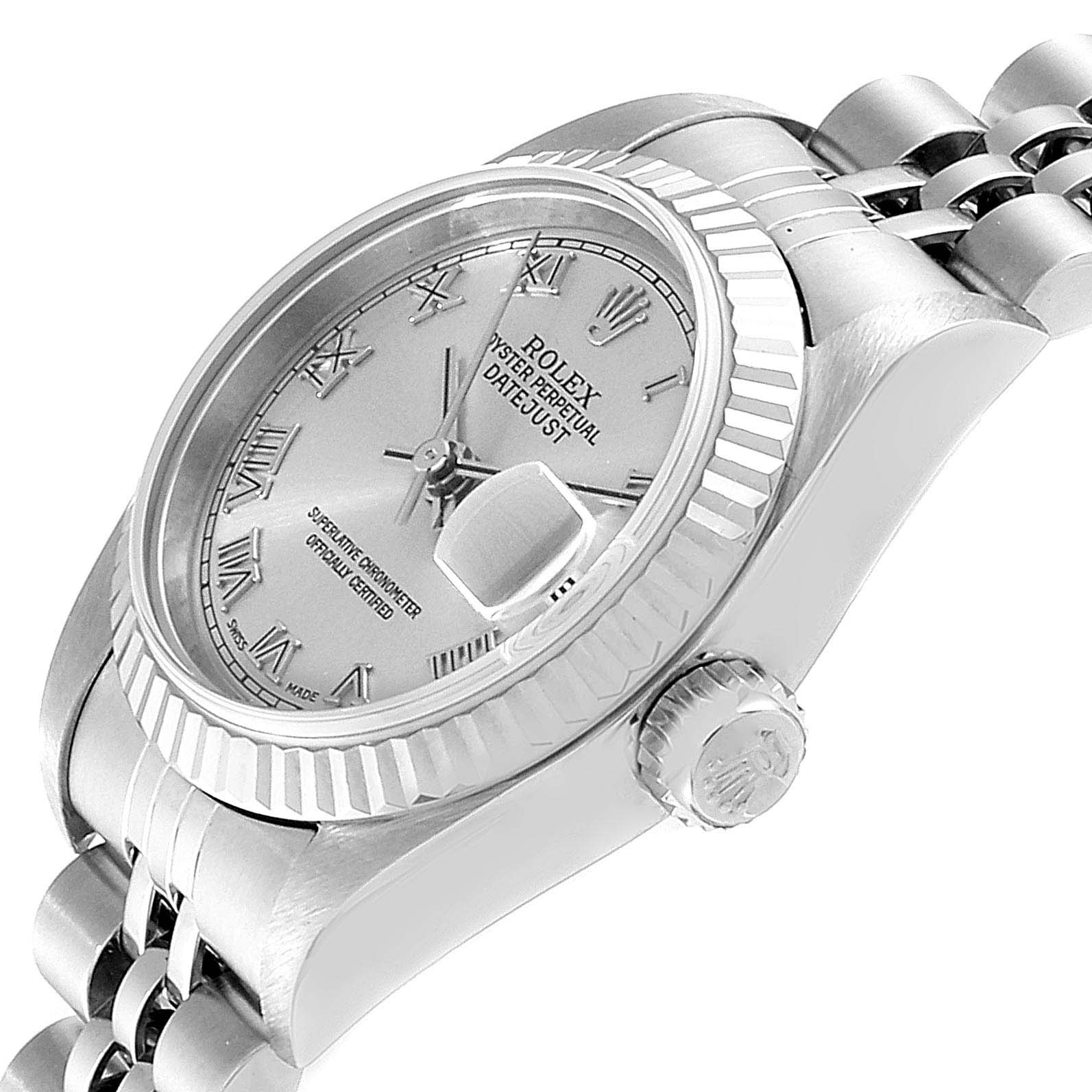 The image shows a Rolex Datejust 79174 Women's Stainless Steel Silver Dial 79174 Women's Stainless Steel Silver Dial watch from a side angle, highlighting the dial, fluted bezel, crown, and a segment of the bracelet.