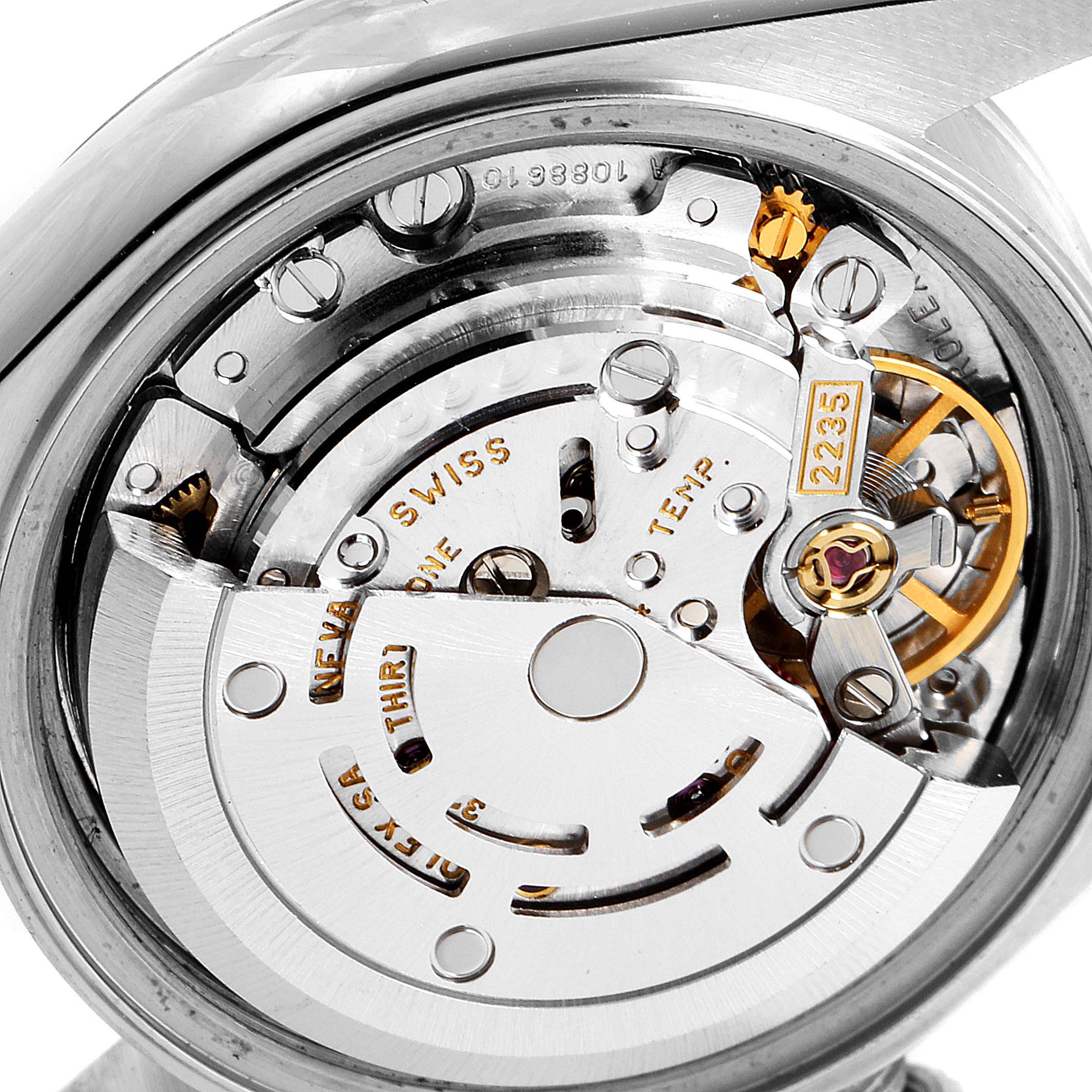 This close-up angle showcases the intricate internal movement of the Rolex Datejust 79174 Women's Stainless Steel Silver Dial 79174 Women's Stainless Steel Silver Dial watch model.