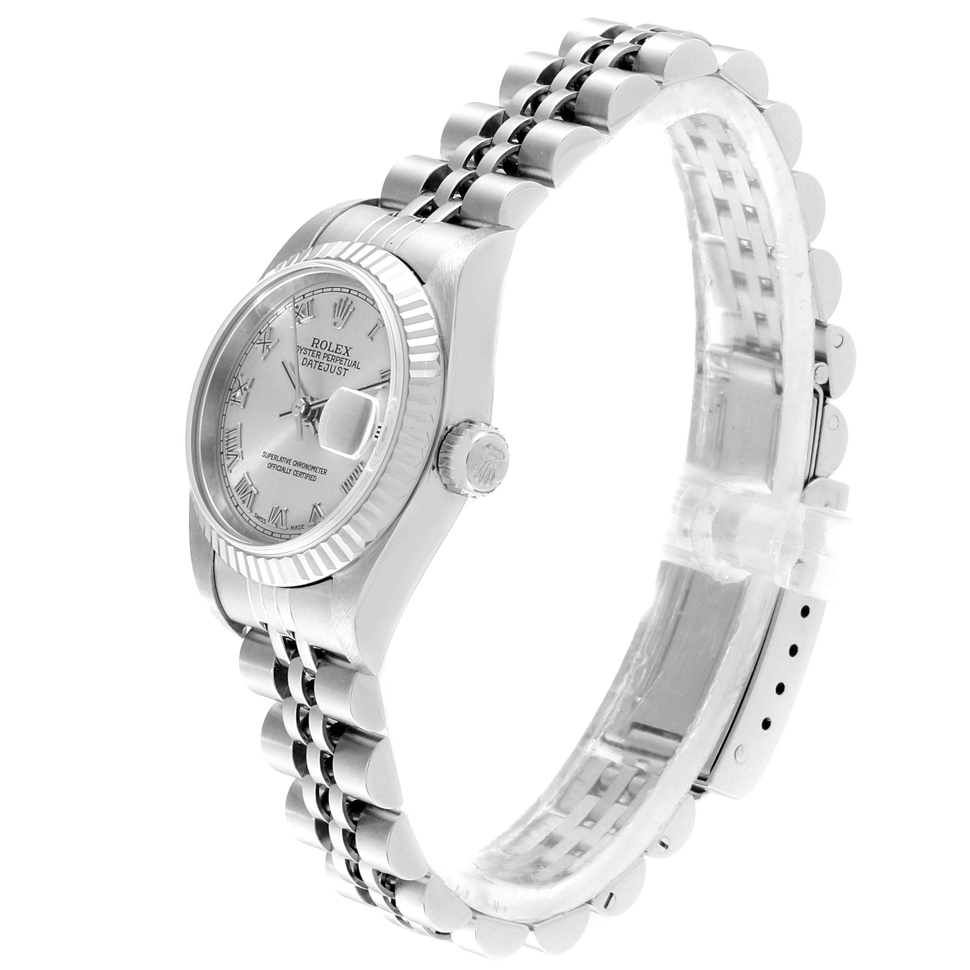 The Rolex Datejust 79174 Women's Stainless Steel Silver Dial 79174 Women's Stainless Steel Silver Dial watch is shown at a three-quarter angle highlighting the face, bezel, case, and bracelet.