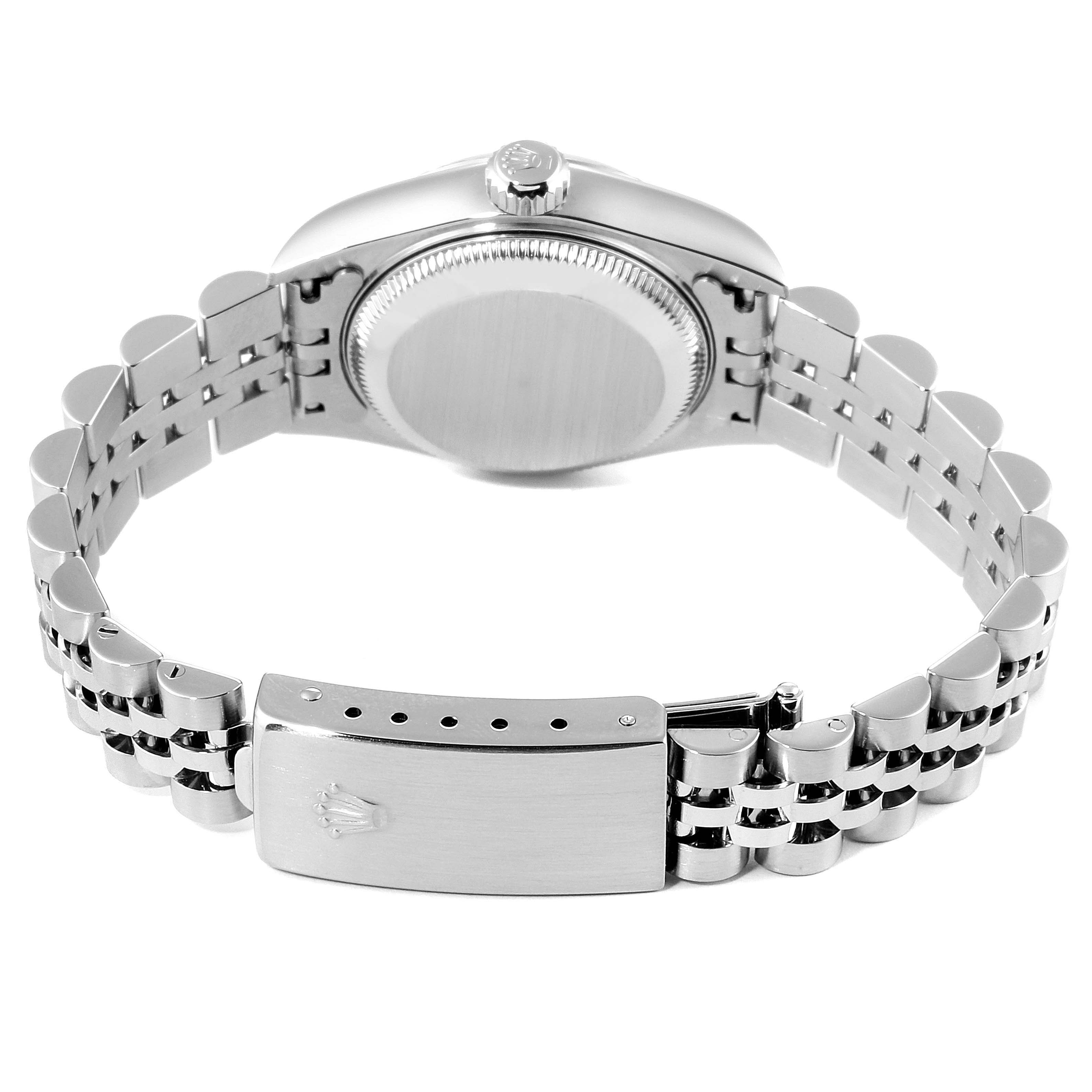 This image shows the back and bracelet of a Rolex Datejust 79174 Women's Stainless Steel Silver Dial 79174 Women's Stainless Steel Silver Dial watch, highlighting the clasp and caseback.