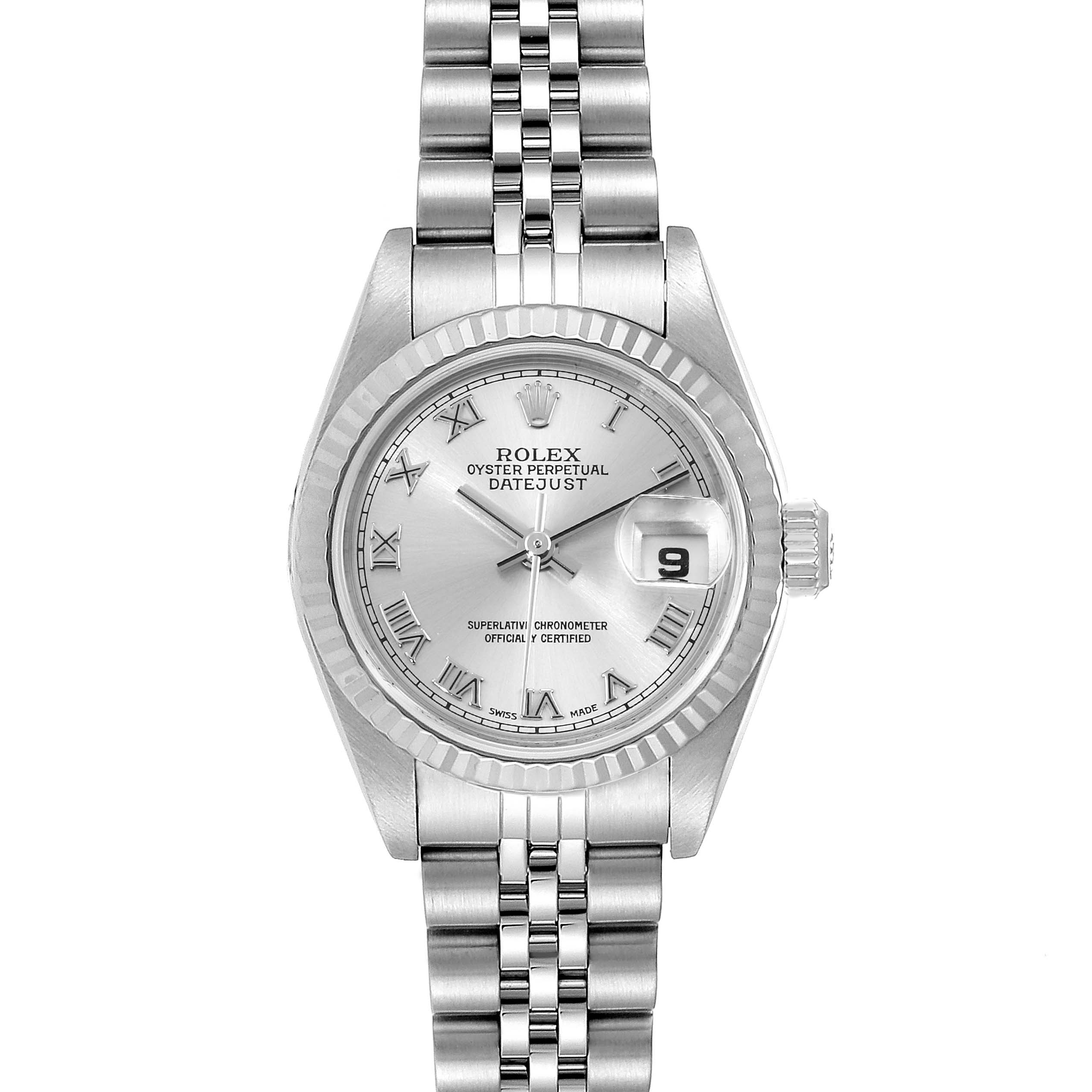 The image shows a front view of the Rolex Datejust 79174 Women's Stainless Steel Silver Dial 79174 Women's Stainless Steel Silver Dial watch, highlighting the dial, bezel, and bracelet.