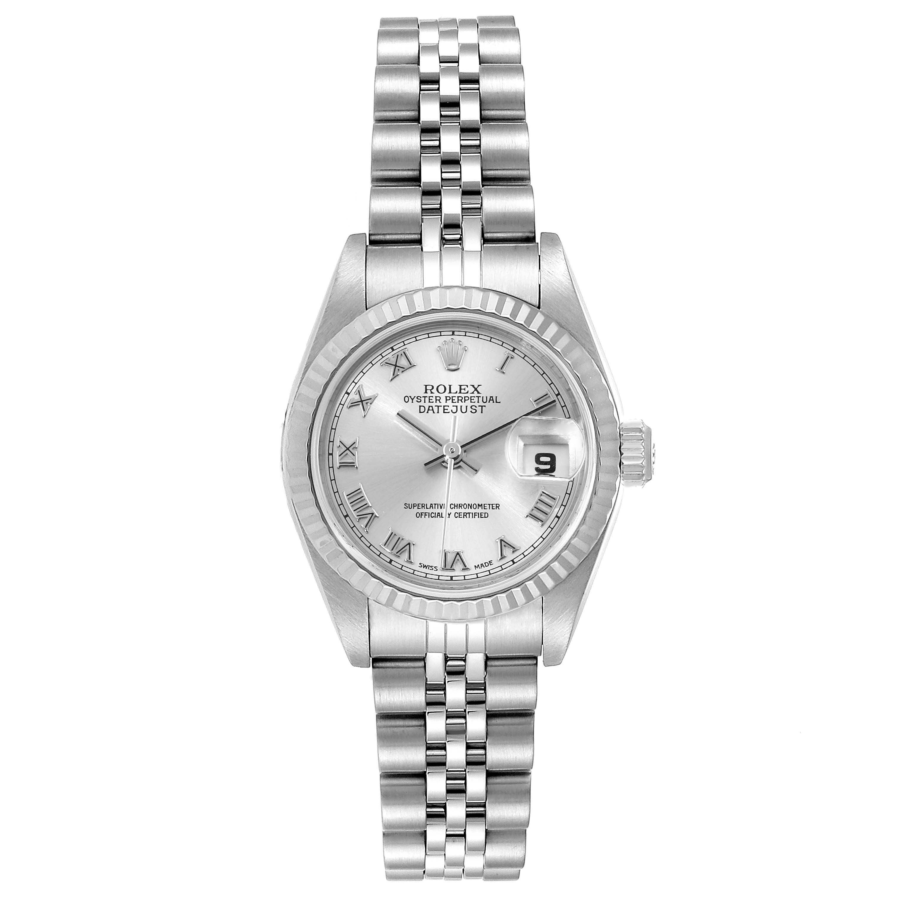 The image shows a front view of the Rolex Datejust 79174 Women's Stainless Steel Silver Dial 79174 Women's Stainless Steel Silver Dial watch, displaying the dial, bezel, and bracelet.