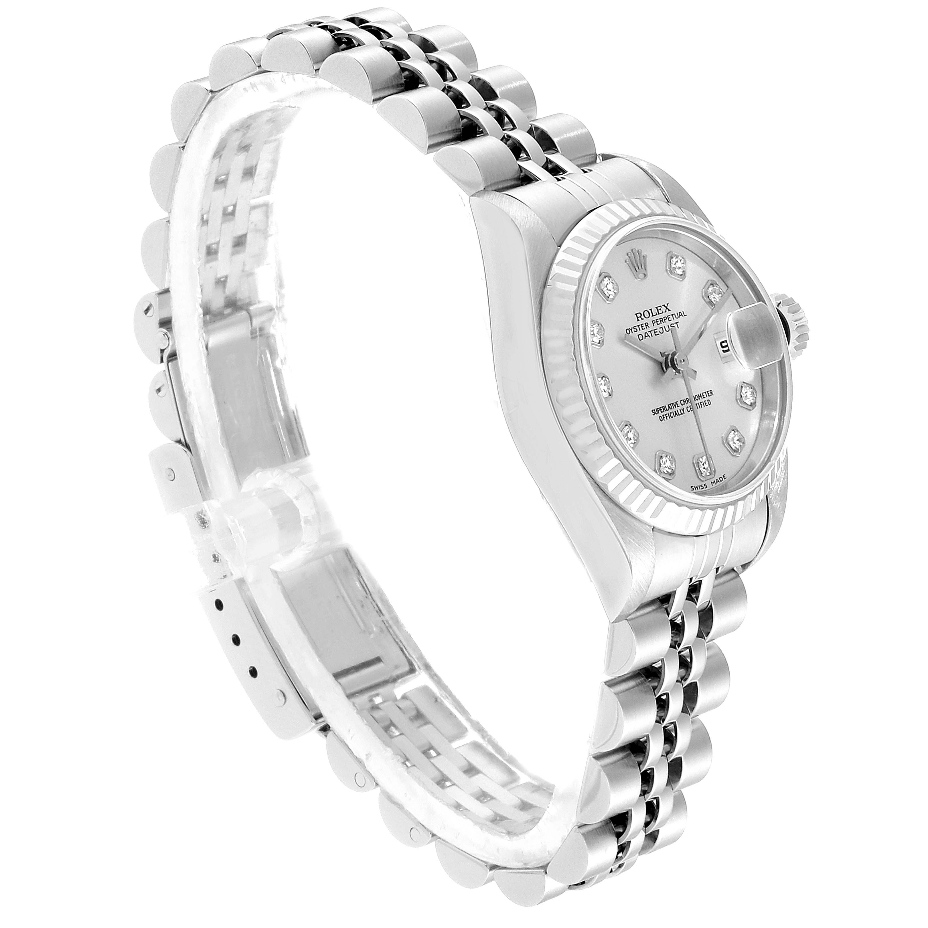 The image shows a Rolex Datejust 79174 Women's Stainless Steel Silver Dial 79174 Women's Stainless Steel Silver Dial model watch at a slight side angle, highlighting the bracelet and face with diamond indices.