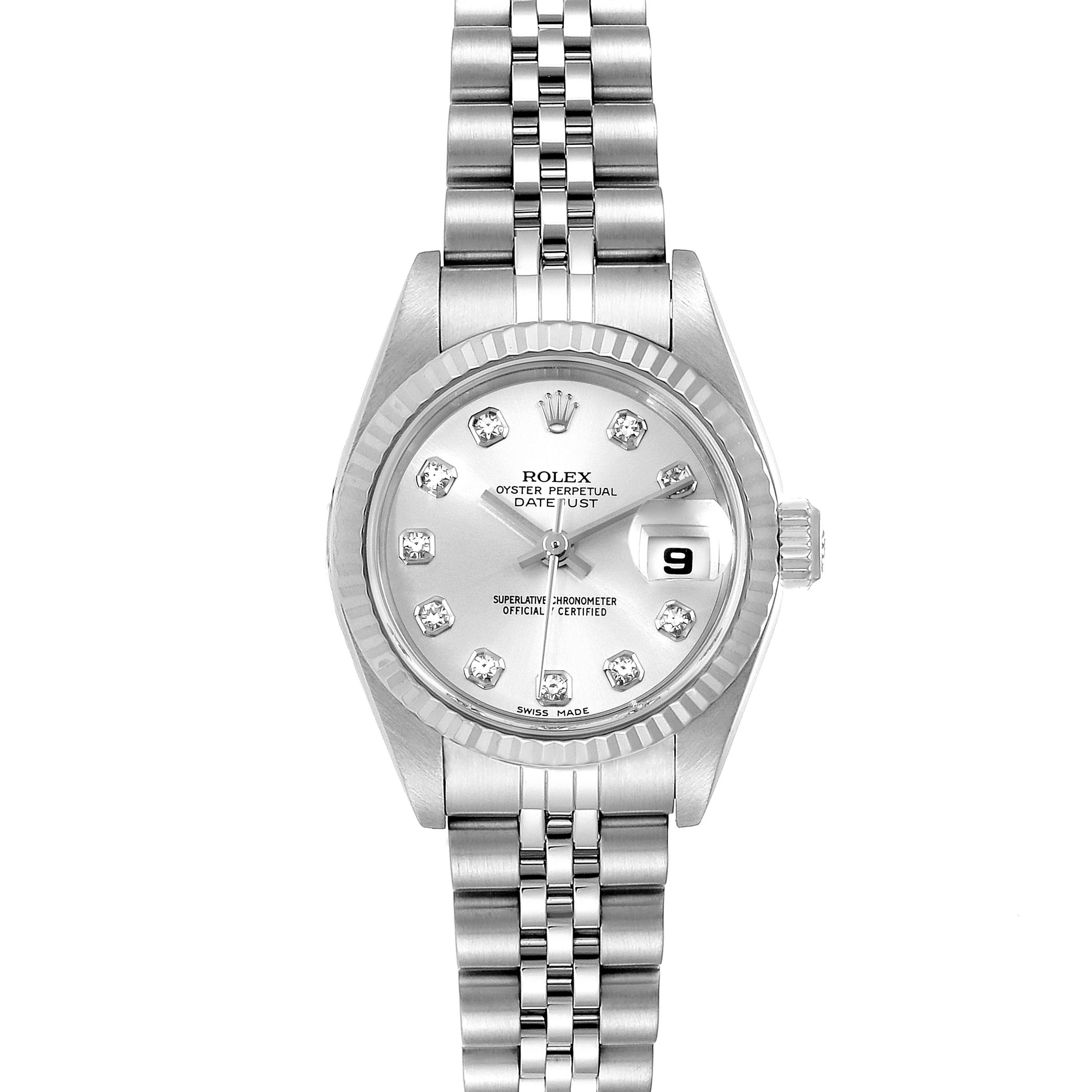 The image shows a Rolex Datejust 79174 Women's Stainless Steel Silver Dial 79174 Women's Stainless Steel Silver Dial watch from a top-down angle, displaying the face, bezel, crown, and bracelet.