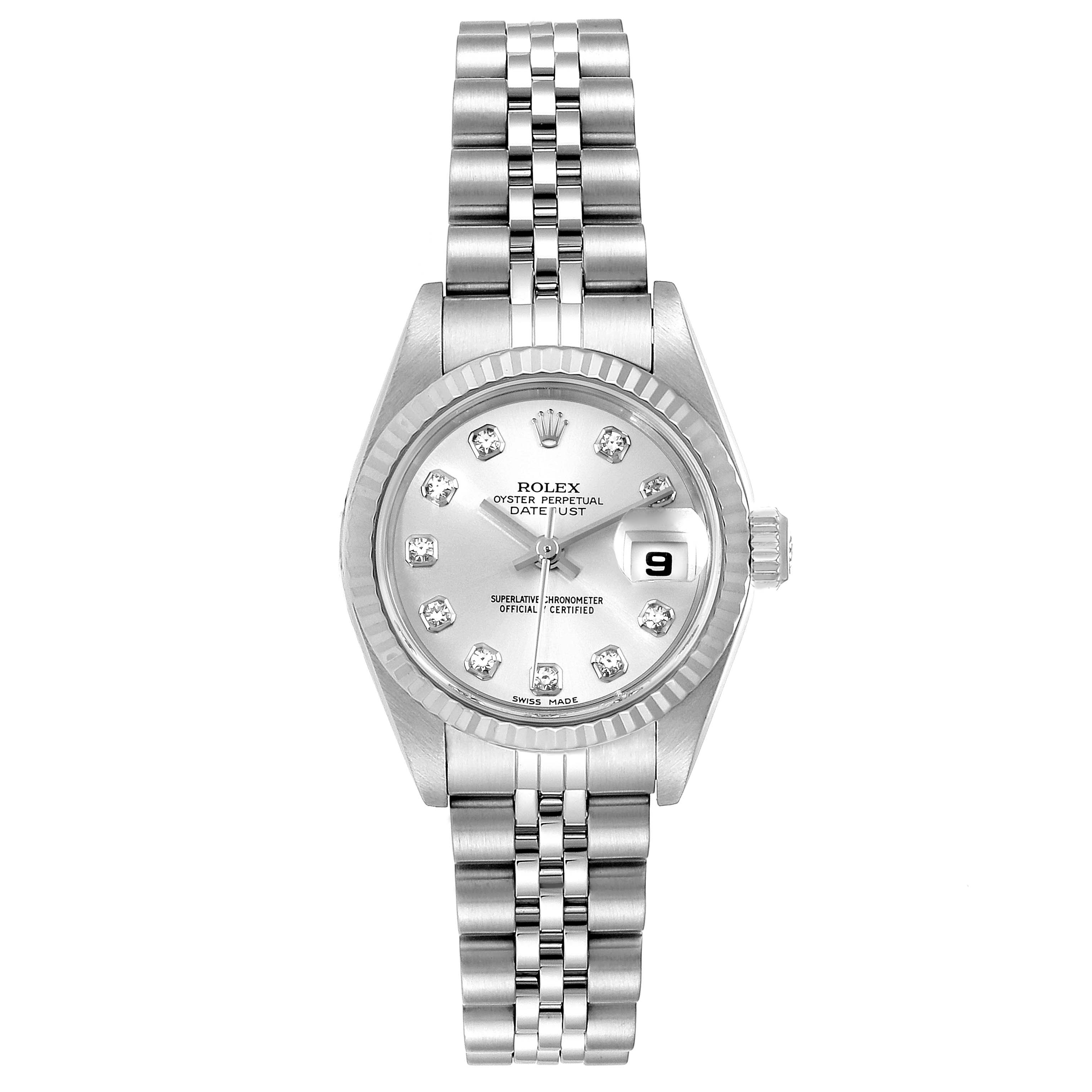 The image shows a Rolex Datejust 79174 Women's Stainless Steel Silver Dial 79174 Women's Stainless Steel Silver Dial watch from a top-down angle, displaying its dial, bezel, and bracelet.