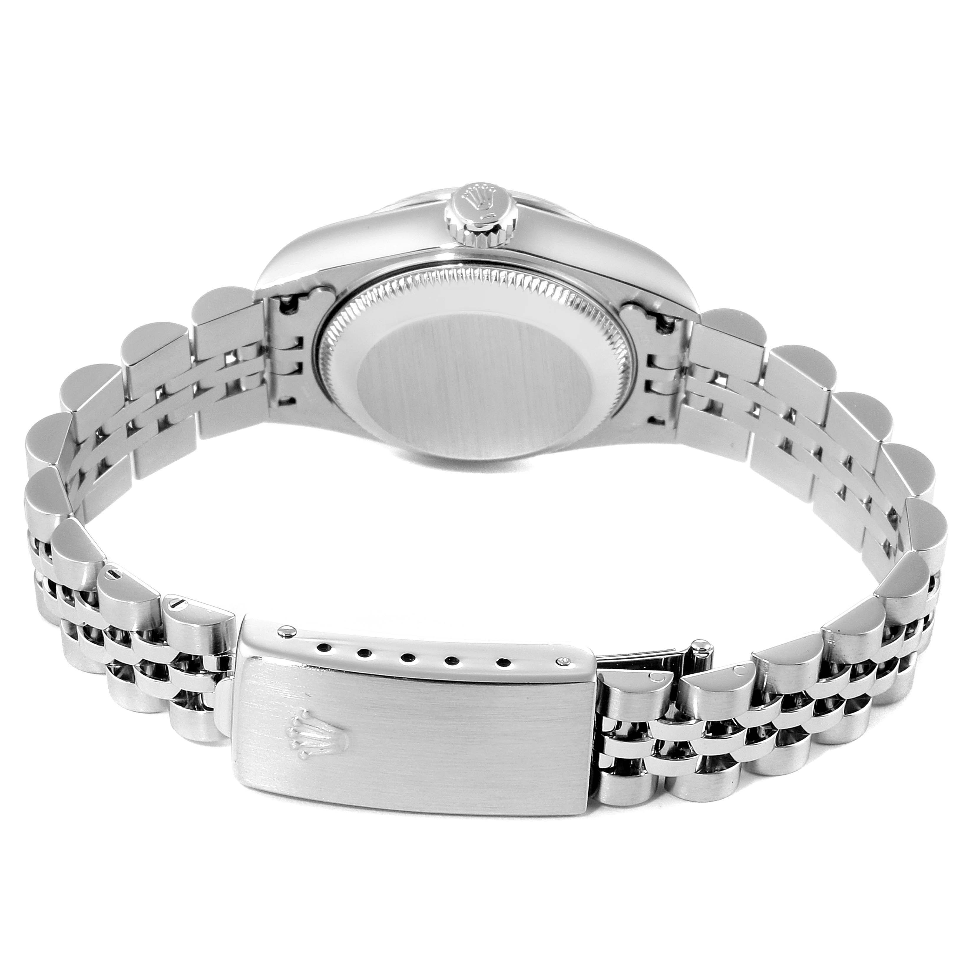 The image shows the backside and clasp of a Rolex Datejust 79174 Women's Stainless Steel Silver Dial 79174 Women's Stainless Steel Silver Dial watch, highlighting the case back and bracelet.