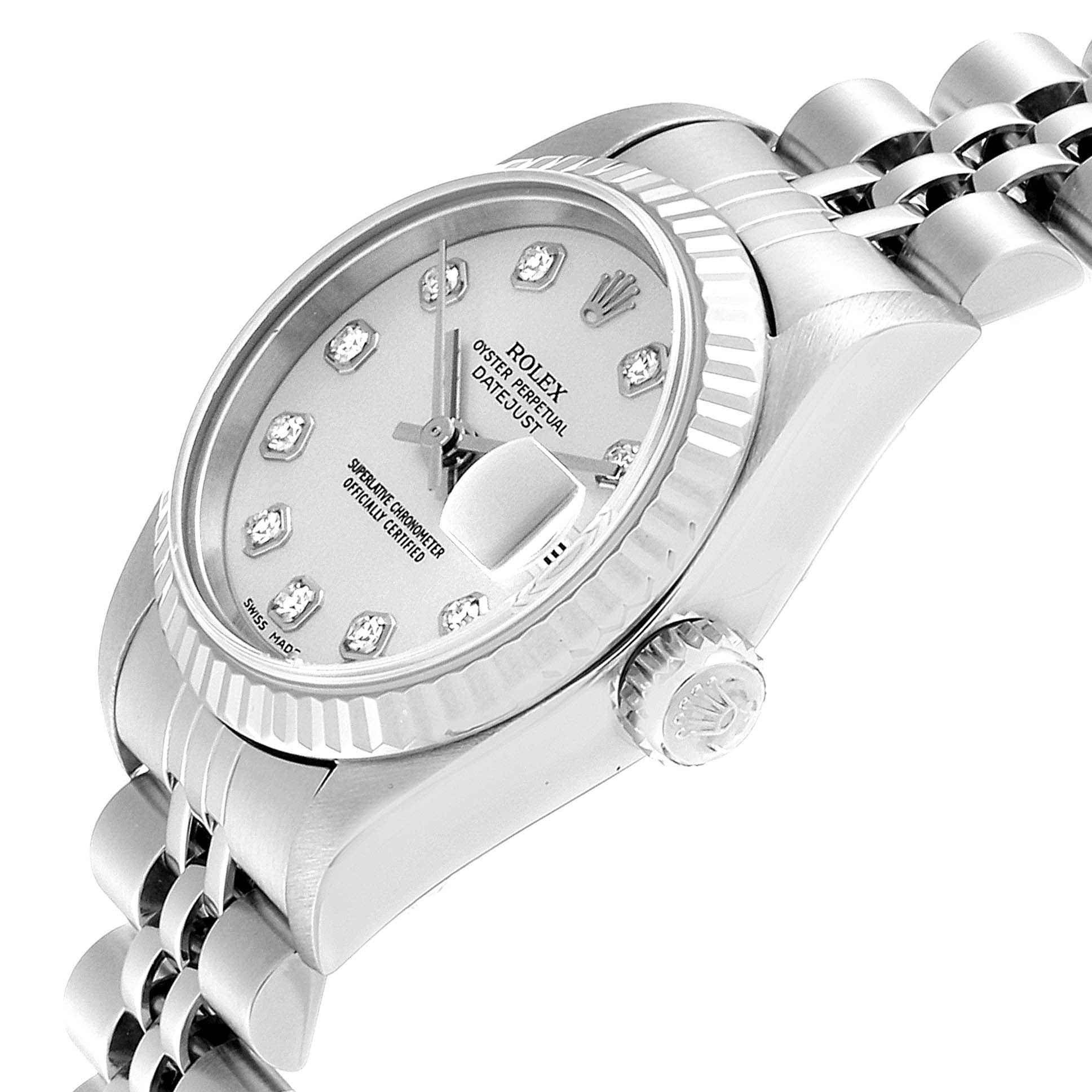 This image shows a Rolex Datejust 79174 Women's Stainless Steel Silver Dial 79174 Women's Stainless Steel Silver Dial watch at a slight angle, highlighting the dial, bezel, crown, and part of the bracelet.