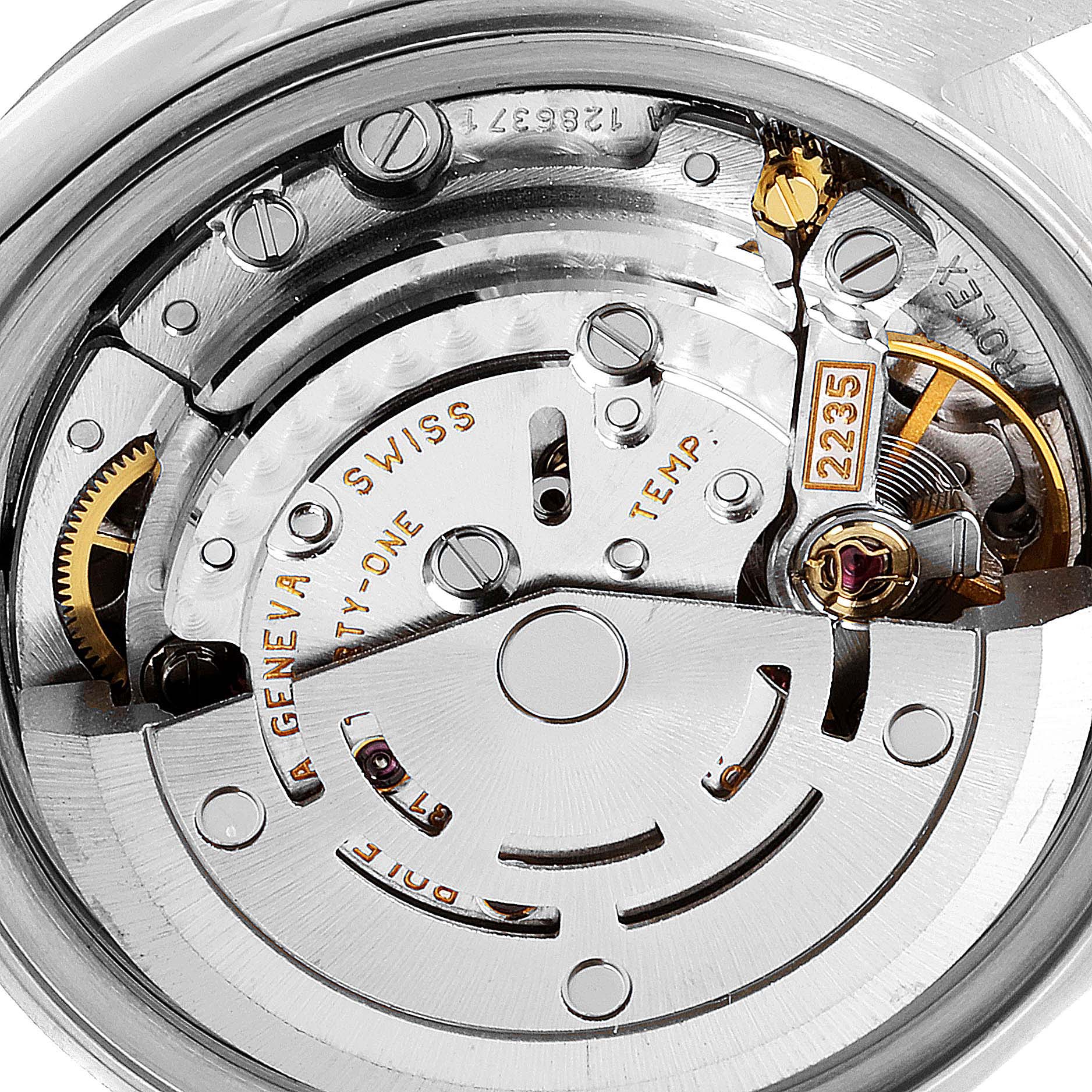This image shows a close-up of the movement mechanism of the Rolex Datejust 79174 Women's Stainless Steel Silver Dial 79174 Women's Stainless Steel Silver Dial watch.