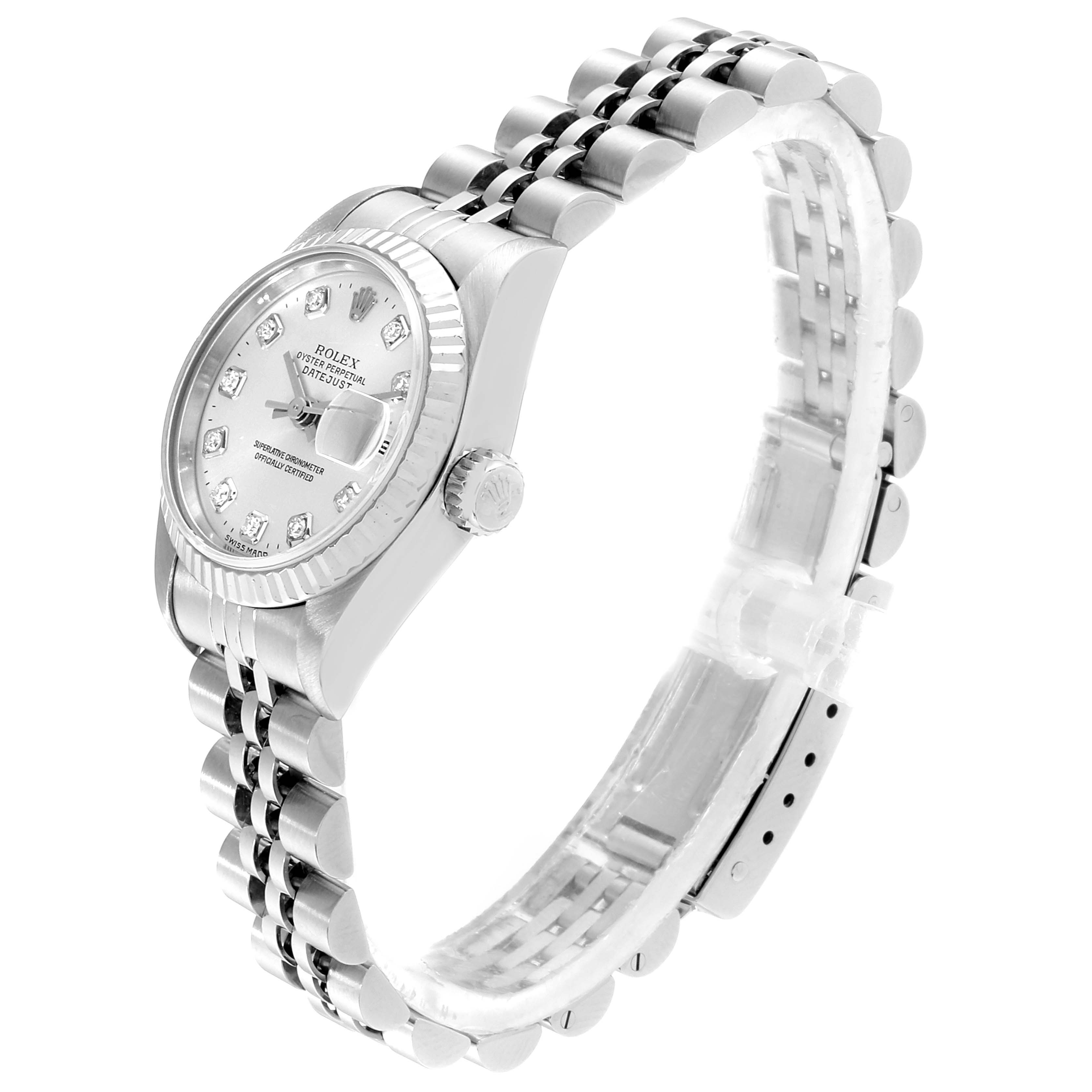 This image shows a side view of the Rolex Datejust 79174 Women's Stainless Steel Silver Dial 79174 Women's Stainless Steel Silver Dial watch, highlighting its bezel, crown, dial, and Jubilee bracelet.