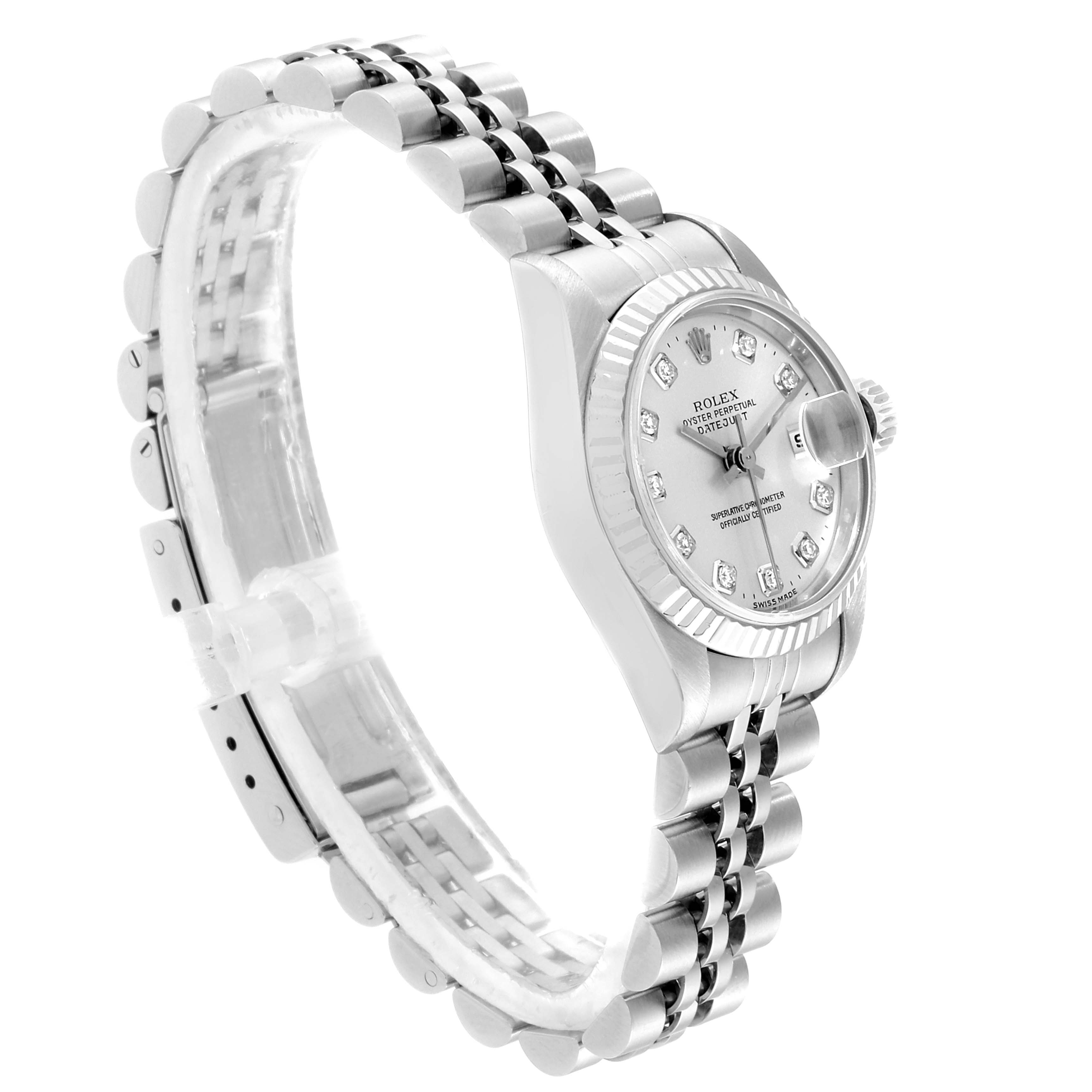 The image shows a Rolex Datejust 79174 Women's Stainless Steel Silver Dial 79174 Women's Stainless Steel Silver Dial watch from a side angle, highlighting the bracelet, case, and partially the watch face.