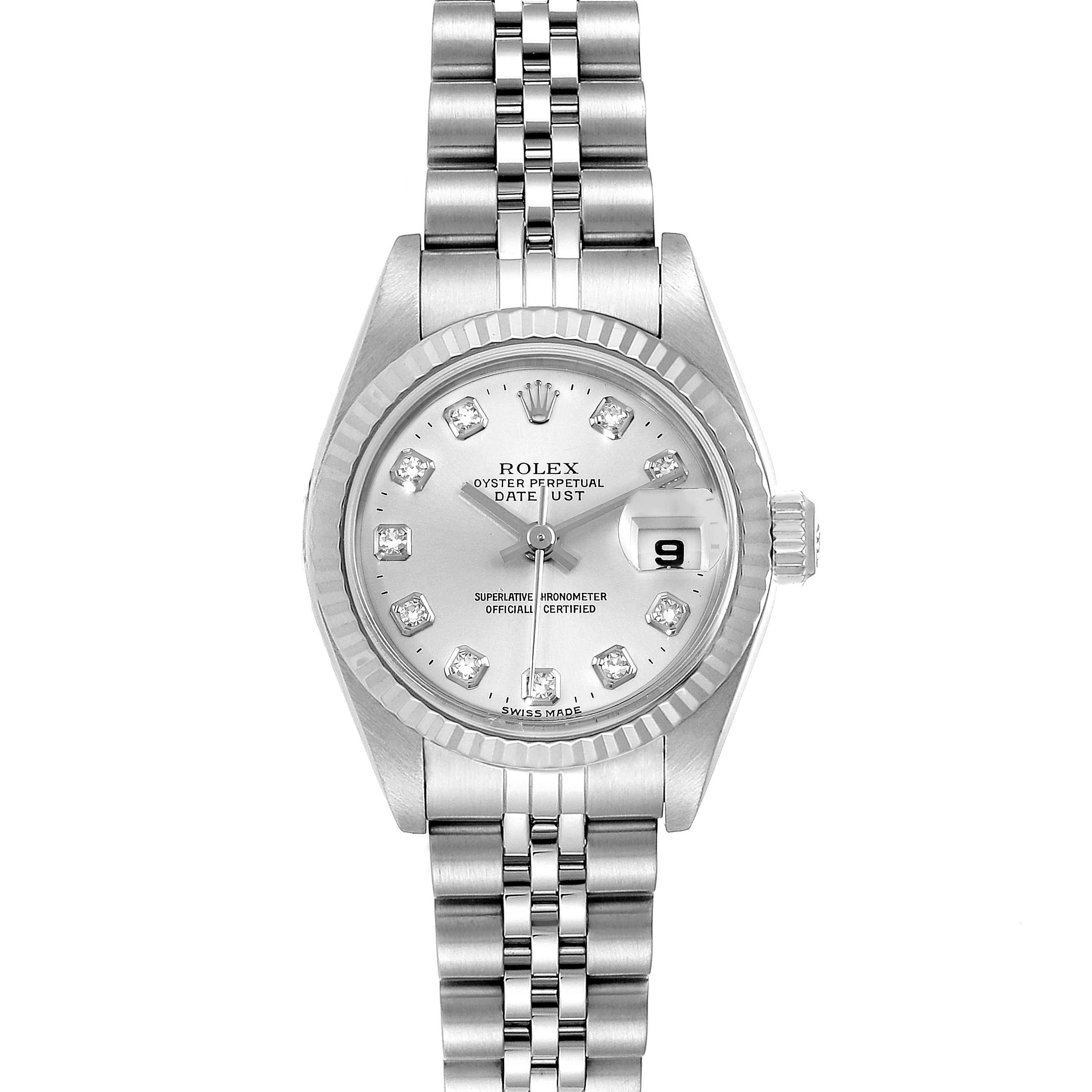 The Rolex Datejust 79174 Women's Stainless Steel Silver Dial 79174 Women's Stainless Steel Silver Dial model watch is shown from a top-down angle, highlighting the face, bezel, and bracelet.
