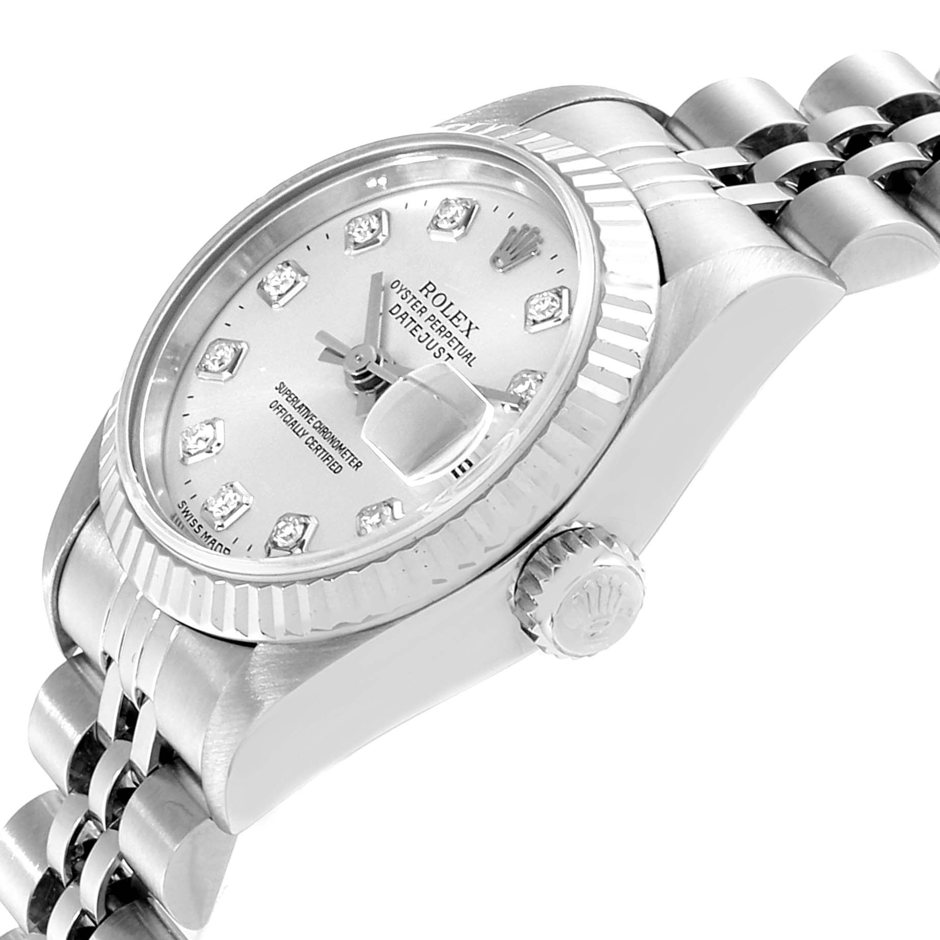 The image shows a close-up side angle of a Rolex Datejust 79174 Women's Stainless Steel Silver Dial 79174 Women's Stainless Steel Silver Dial watch, highlighting the crown, bezel, dial, and bracelet.