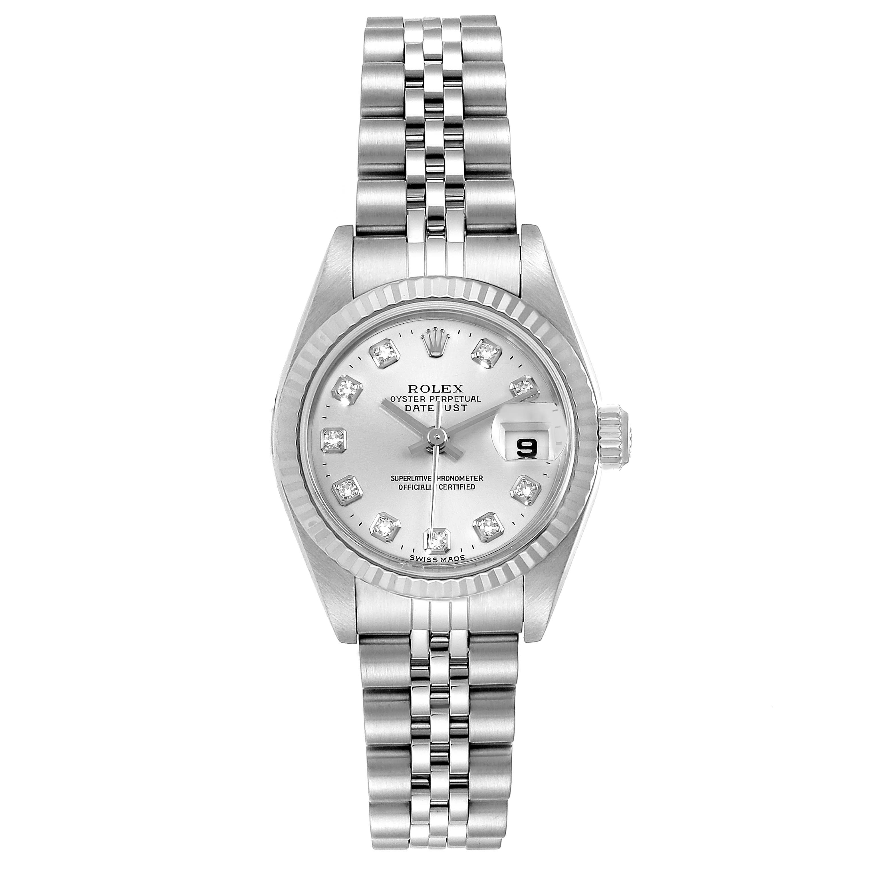 This image shows a Rolex Datejust 79174 Women's Stainless Steel Silver Dial 79174 Women's Stainless Steel Silver Dial watch from a top-down angle, highlighting the dial, bracelet, and bezel.