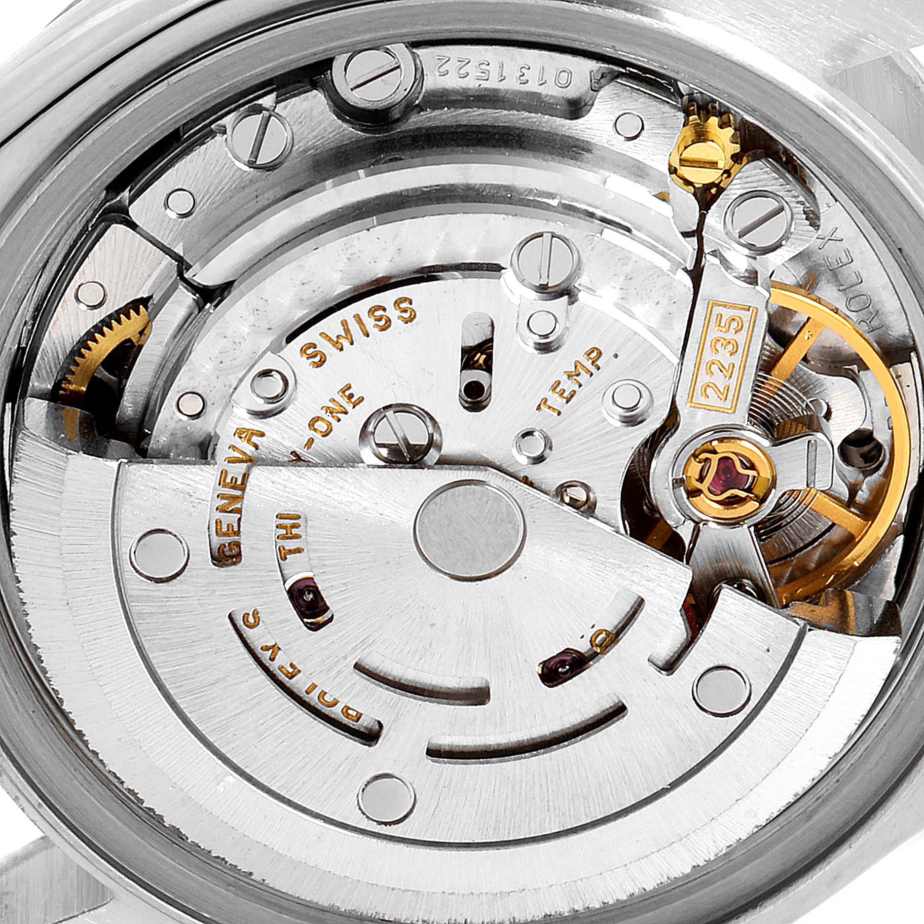 The image shows the movement mechanism of a Rolex Datejust 79174 Women's Stainless Steel Silver Dial 79174 Women's Stainless Steel Silver Dial watch from a close-up angle, focusing on its intricate internal components.