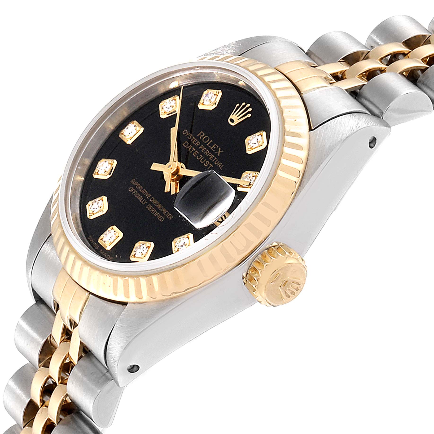 This image shows a side angle view of a Rolex Datejust 69173 Women's Steel and Gold (two tone) Black Dial 69173 Women's Steel and Gold (two tone) Black Dial watch featuring the crown, bezel, and part of the bracelet.