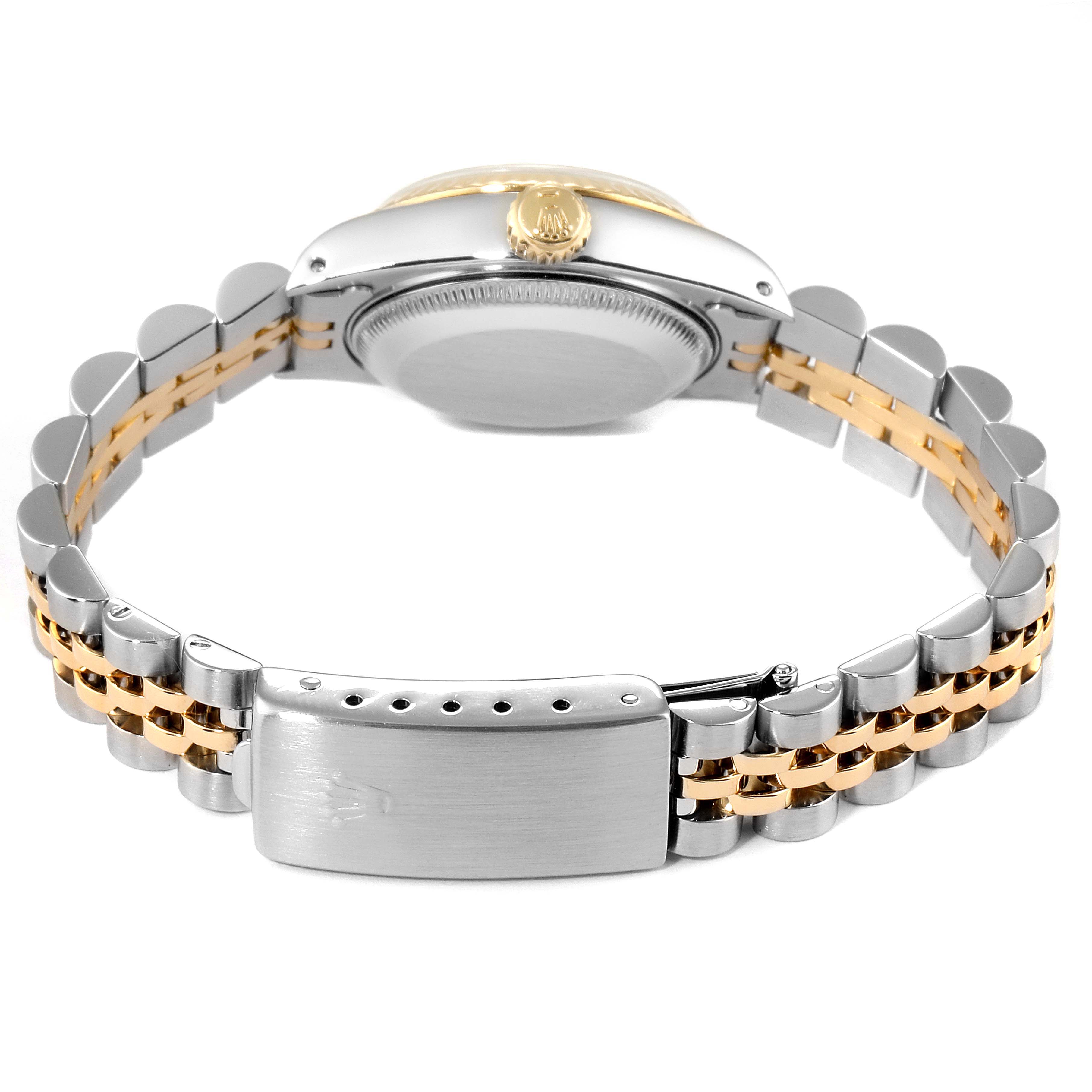 This image shows the back view of a Rolex Datejust 69173 Women's Steel and Gold (two tone) Black Dial 69173 Women's Steel and Gold (two tone) Black Dial watch, highlighting its bracelet, clasp, and case back.