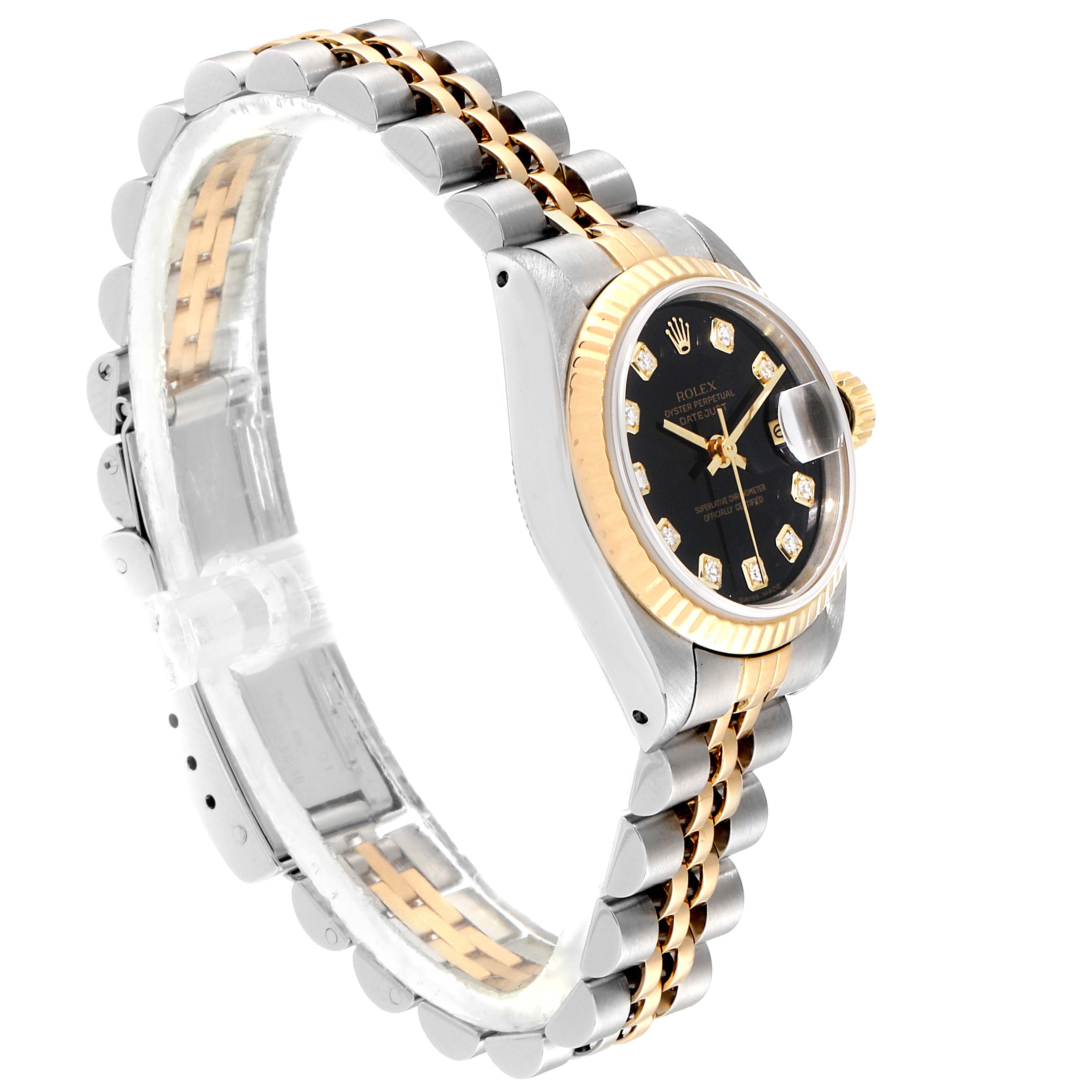 The image shows a side angle of a Rolex Datejust 69173 Women's Steel and Gold (two tone) Black Dial 69173 Women's Steel and Gold (two tone) Black Dial watch featuring a two-tone bracelet and diamond hour markers.