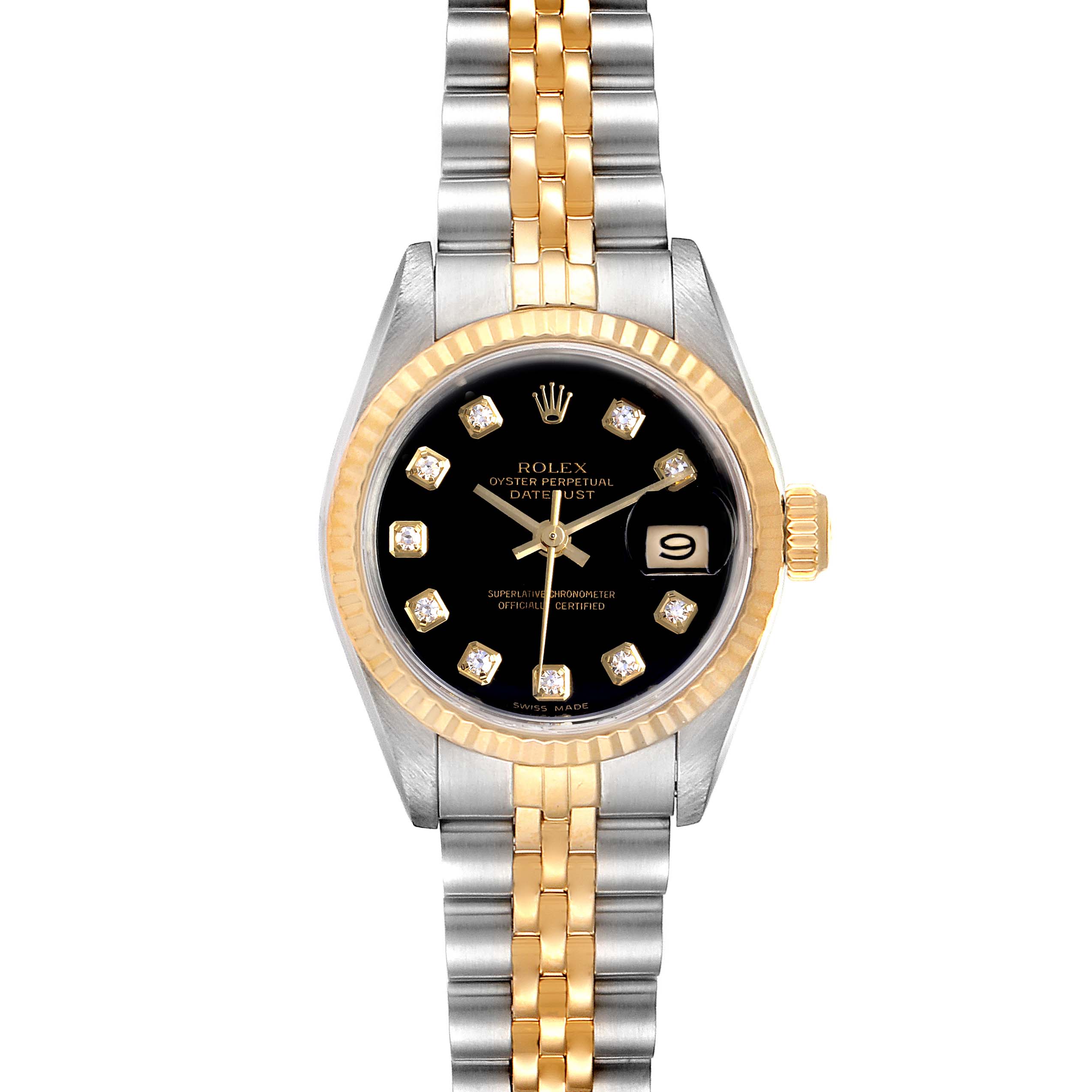 This image shows a top-down view of a Rolex Datejust 69173 Women's Steel and Gold (two tone) Black Dial 69173 Women's Steel and Gold (two tone) Black Dial watch, highlighting its black dial, gold accents, and two-tone bracelet.