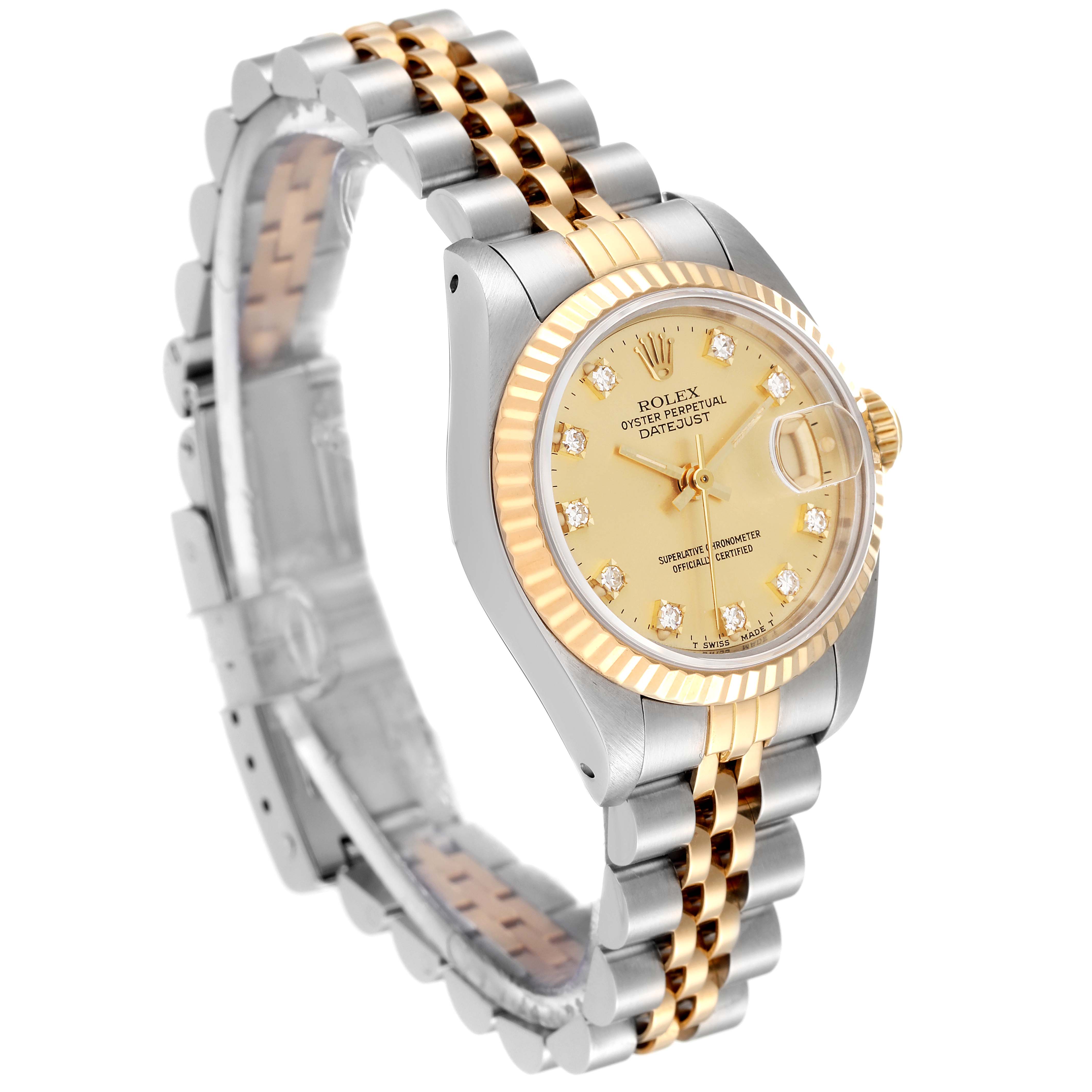 The image shows a Rolex Datejust 69173 Women's Steel and Gold (two tone) Champagne Dial 69173 Women's Steel and Gold (two tone) Champagne Dial watch angled to display its face, bezel, crown, and two-tone bracelet.