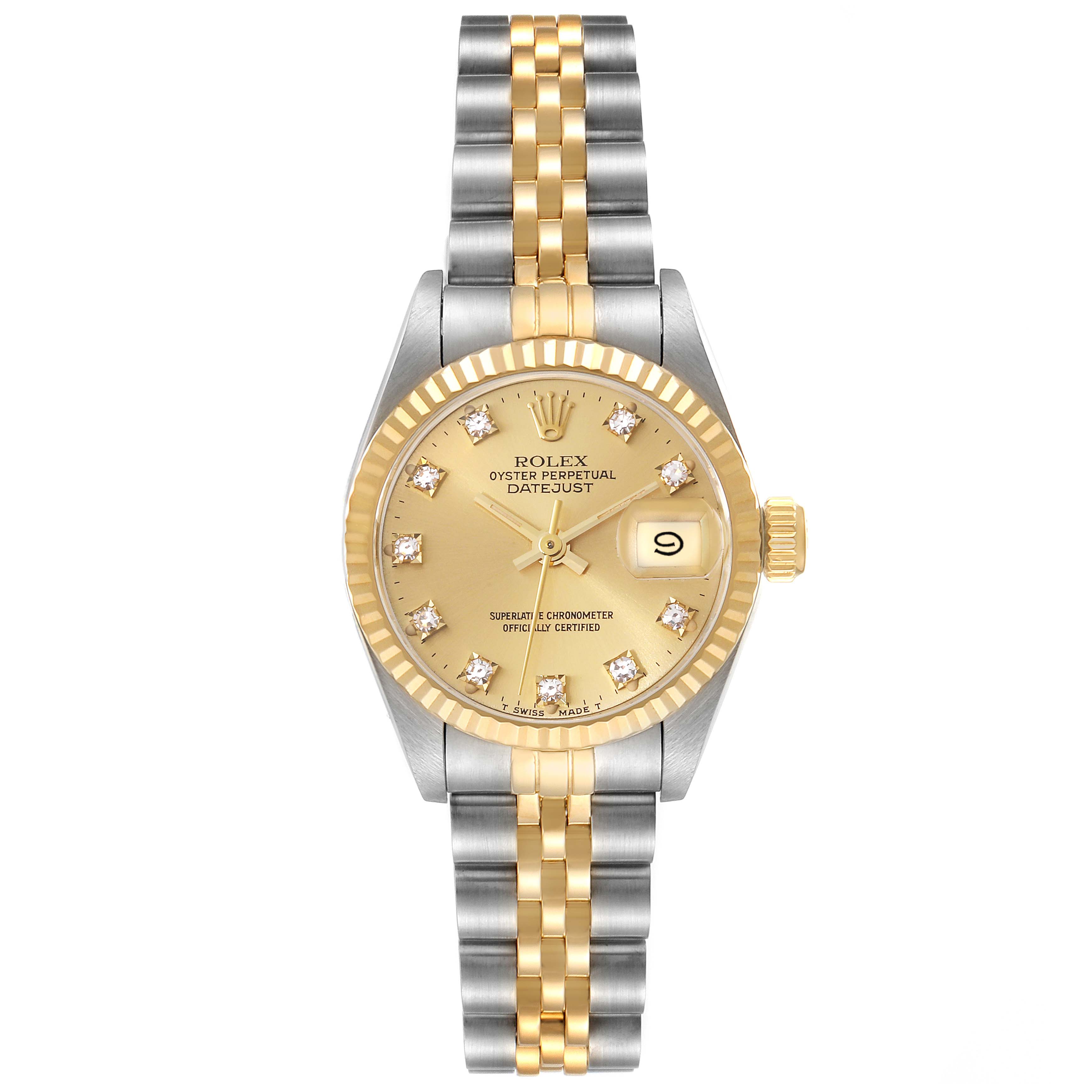 The image shows a Rolex Datejust 69173 Women's Steel and Gold (two tone) Champagne Dial 69173 Women's Steel and Gold (two tone) Champagne Dial watch from a frontal angle, displaying its gold dial, date window, and two-tone bracelet.
