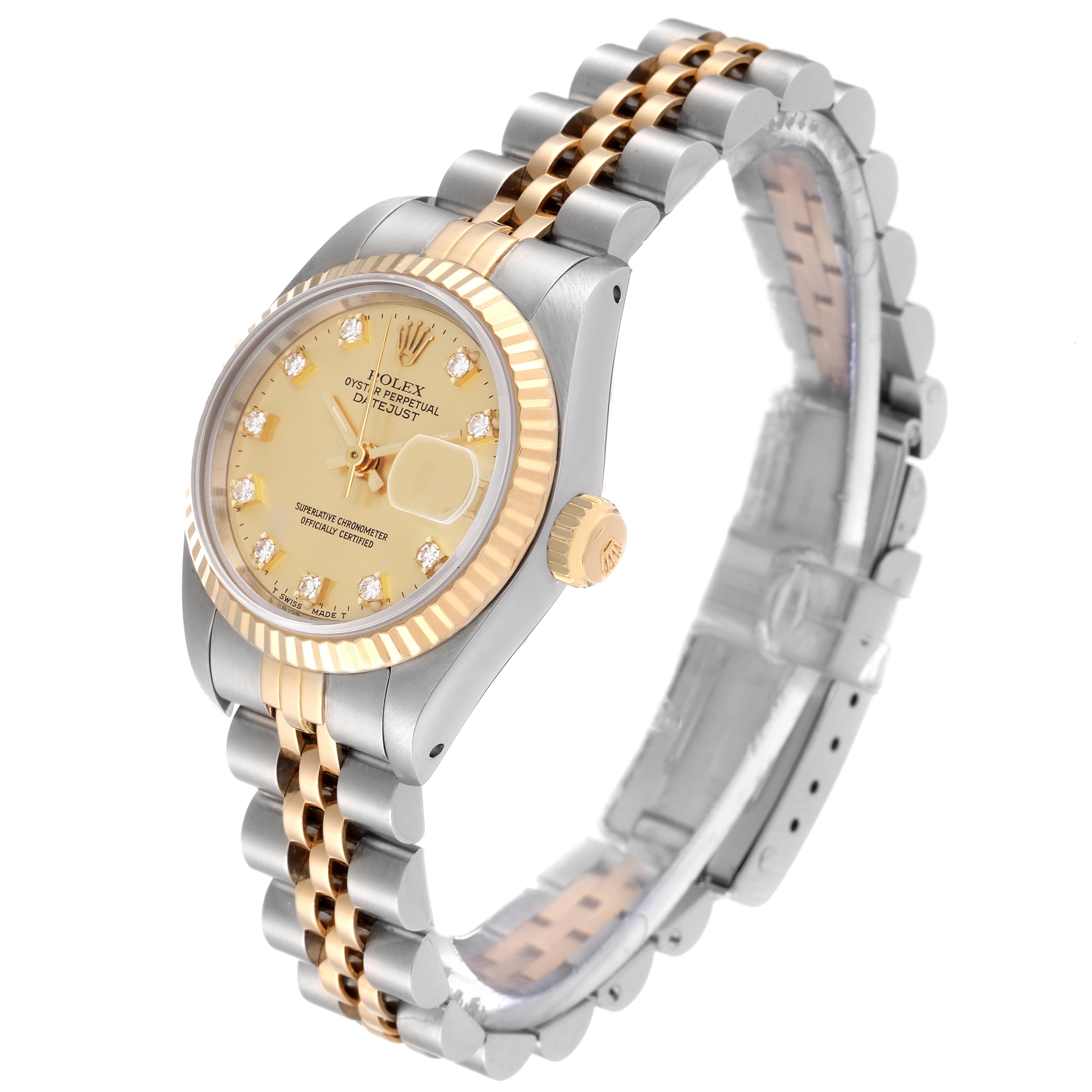 The image shows a side angle of the Rolex Datejust 69173 Women's Steel and Gold (two tone) Champagne Dial 69173 Women's Steel and Gold (two tone) Champagne Dial watch, highlighting its gold dial, fluted bezel, and two-tone bracelet.