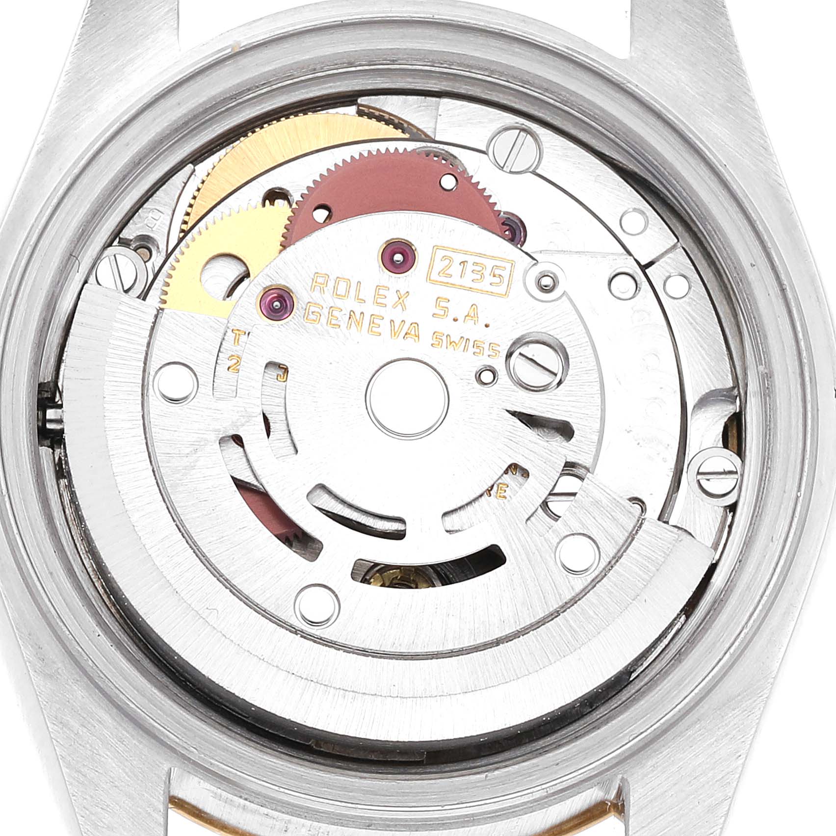 This image shows the internal movement mechanism of a Rolex Datejust 69173 Women's Steel and Gold (two tone) Champagne Dial 69173 Women's Steel and Gold (two tone) Champagne Dial watch from a back view angle.