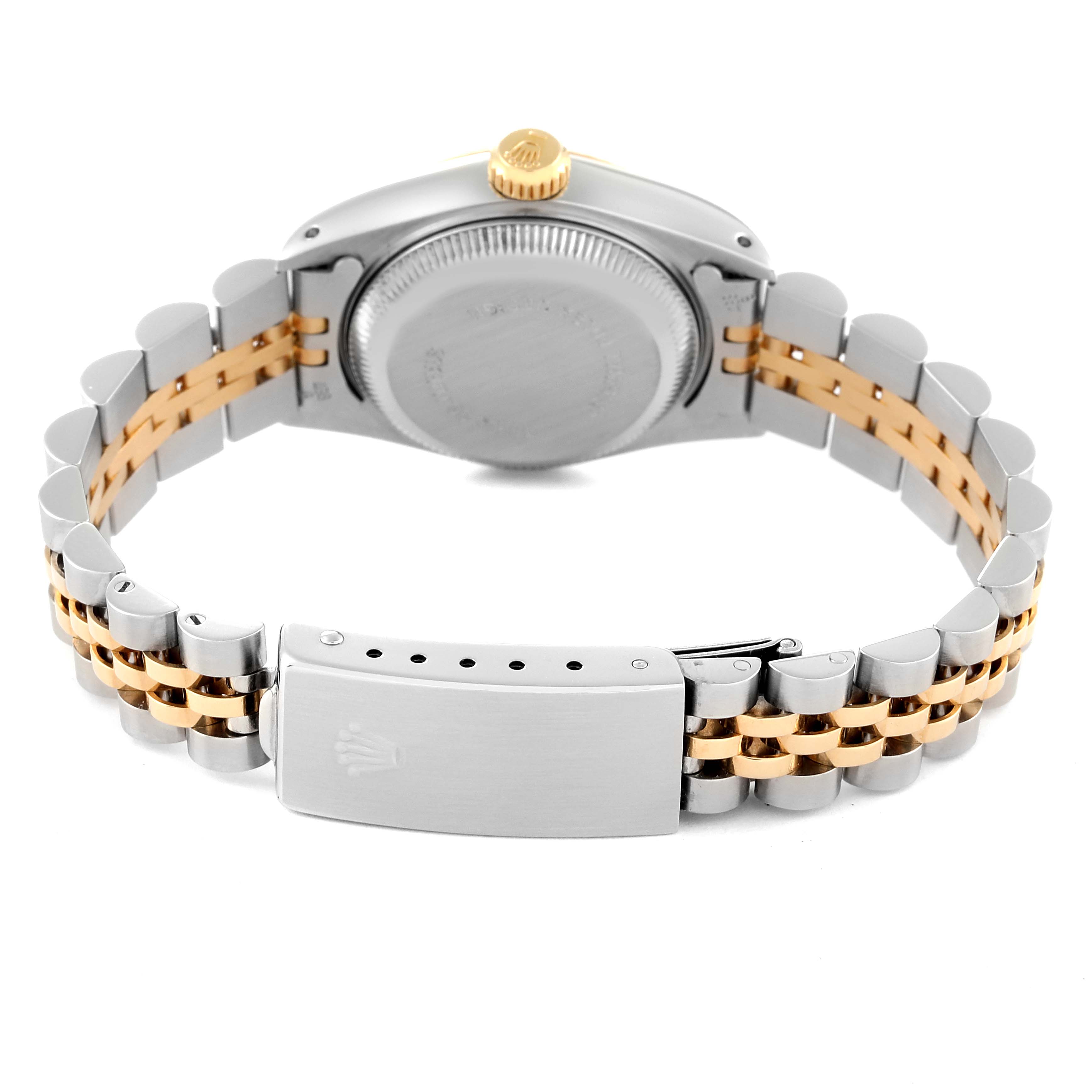 The image shows the back of a Rolex Datejust 69173 Women's Steel and Gold (two tone) Champagne Dial 69173 Women's Steel and Gold (two tone) Champagne Dial watch, displaying its case back, crown, and two-tone bracelet with the clasp.