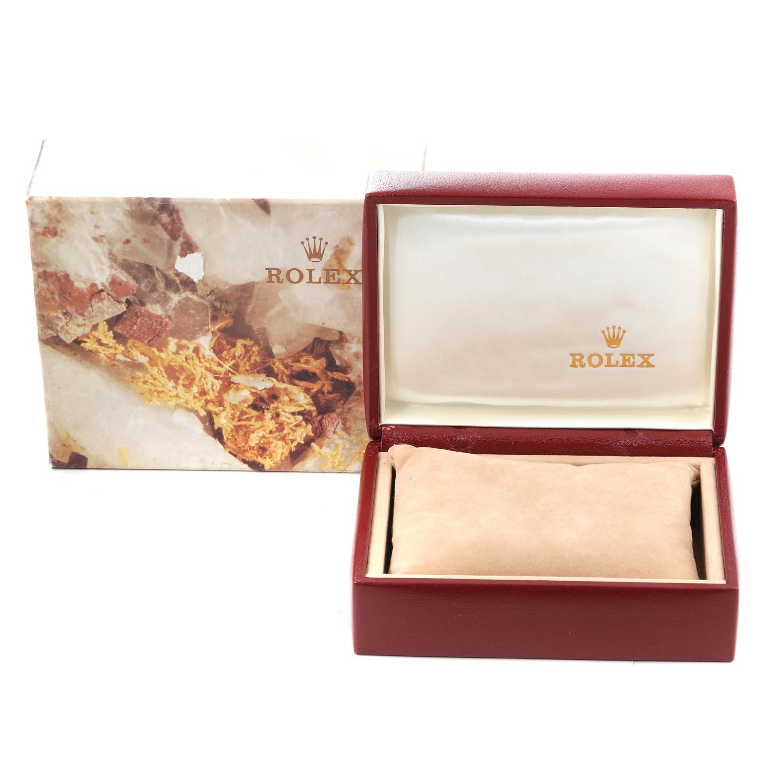 The image shows a Rolex Datejust 69173 Women's Steel and Gold (two tone) Champagne Dial 69173 Women's Steel and Gold (two tone) Champagne Dial watch box and outer packaging, with a cushion inside.