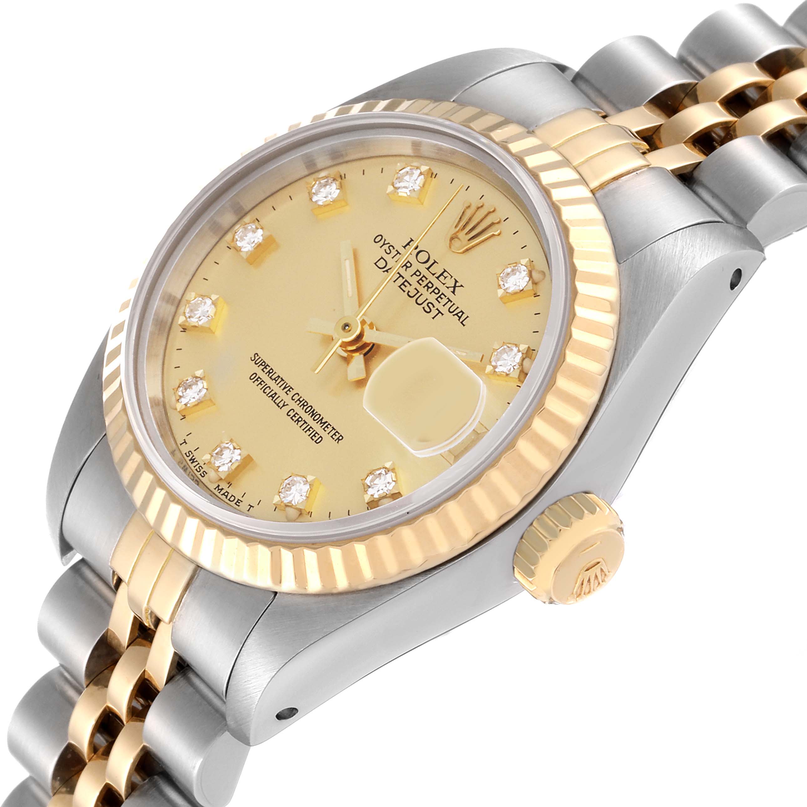 The image shows a side angle of the Rolex Datejust 69173 Women's Steel and Gold (two tone) Champagne Dial 69173 Women's Steel and Gold (two tone) Champagne Dial watch highlighting the dial, bezel, crown, and part of the bracelet.