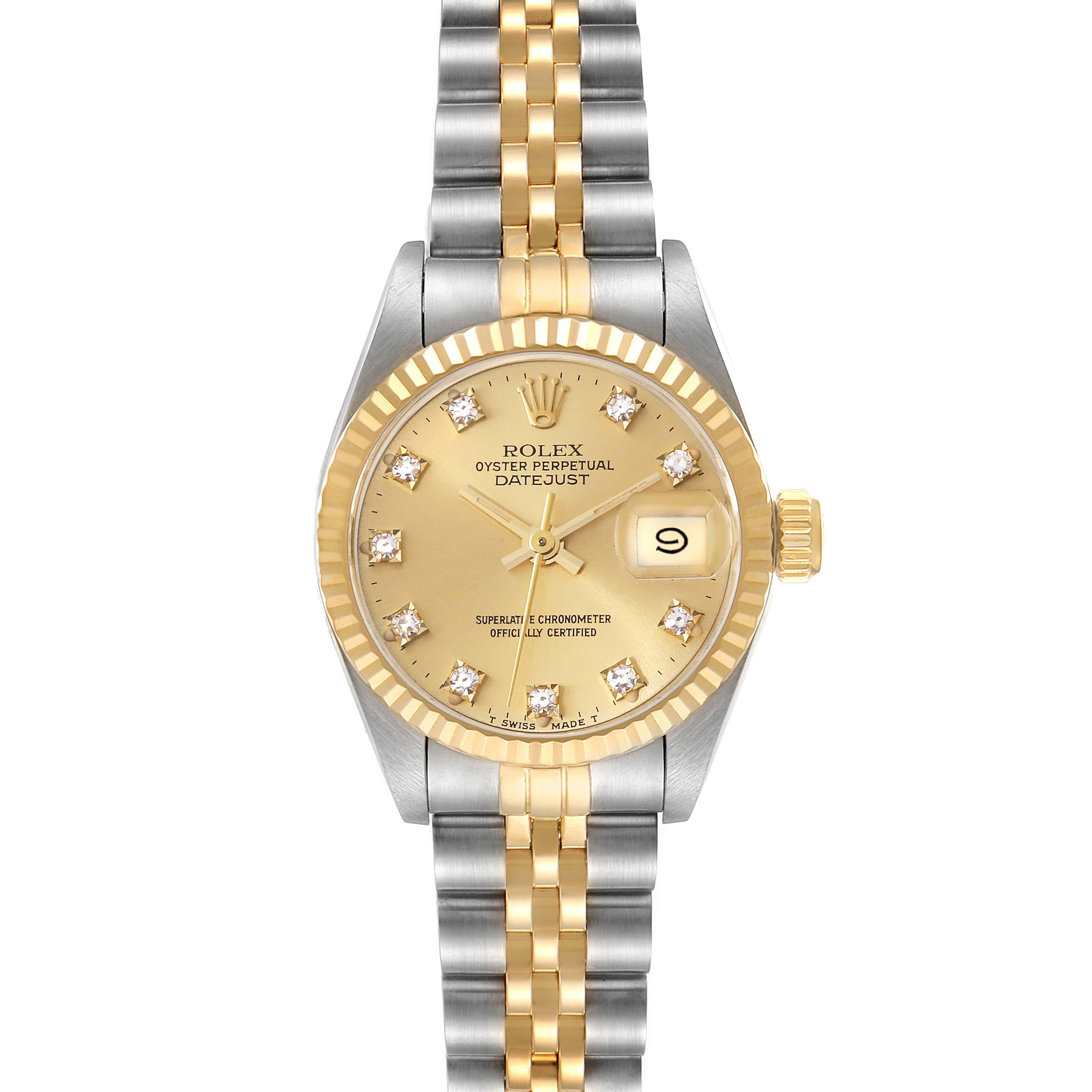 The image shows a Rolex Datejust 69173 Women's Steel and Gold (two tone) Champagne Dial 69173 Women's Steel and Gold (two tone) Champagne Dial watch from a front angle, displaying the face, bezel, and part of the bracelet.