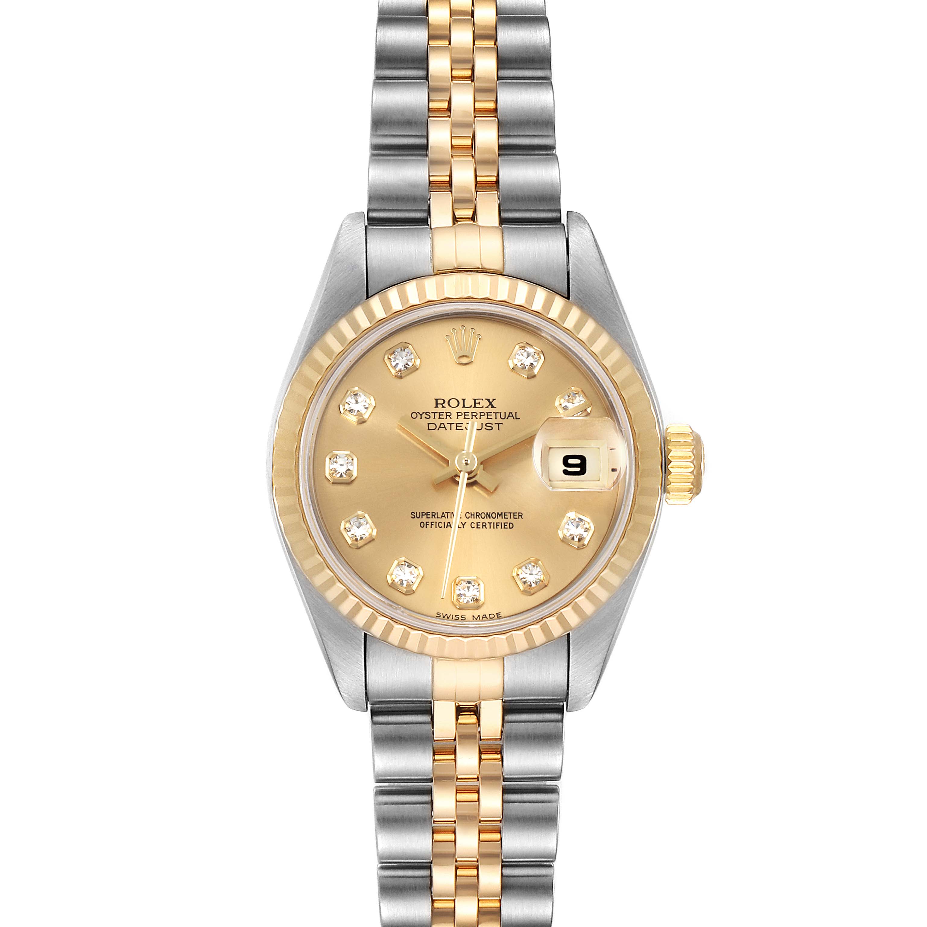 The Rolex Datejust 79173 Women's Stainless Steel Champagne Dial 79173 Women's Stainless Steel Champagne Dial watch is shown from the front, displaying the dial, bezel, crown, and the two-tone metal bracelet.