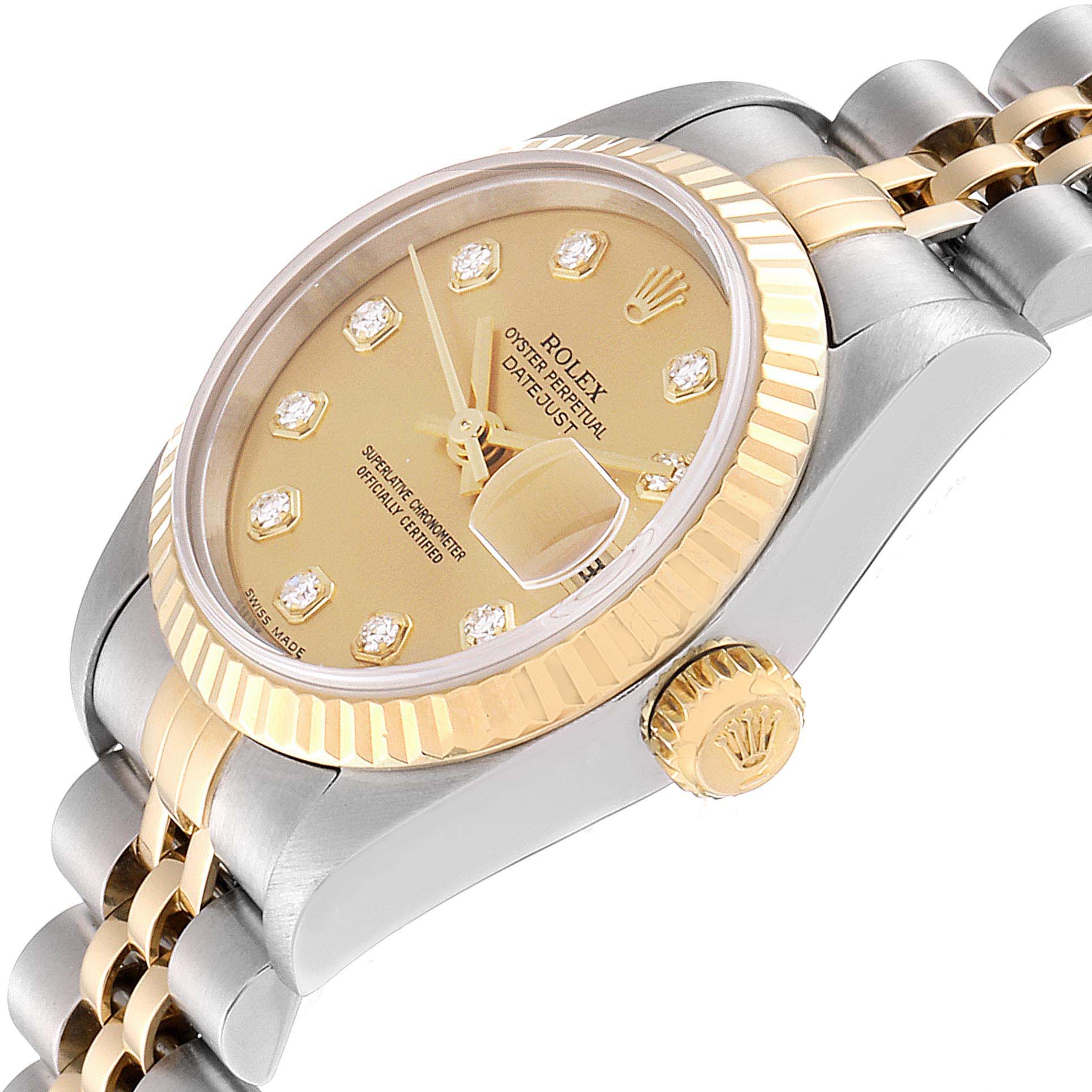 This image shows a Rolex Datejust 79173 Women's Stainless Steel Champagne Dial 79173 Women's Stainless Steel Champagne Dial watch from a side angle, highlighting its champagne dial, diamond hour markers, fluted bezel, and crown.