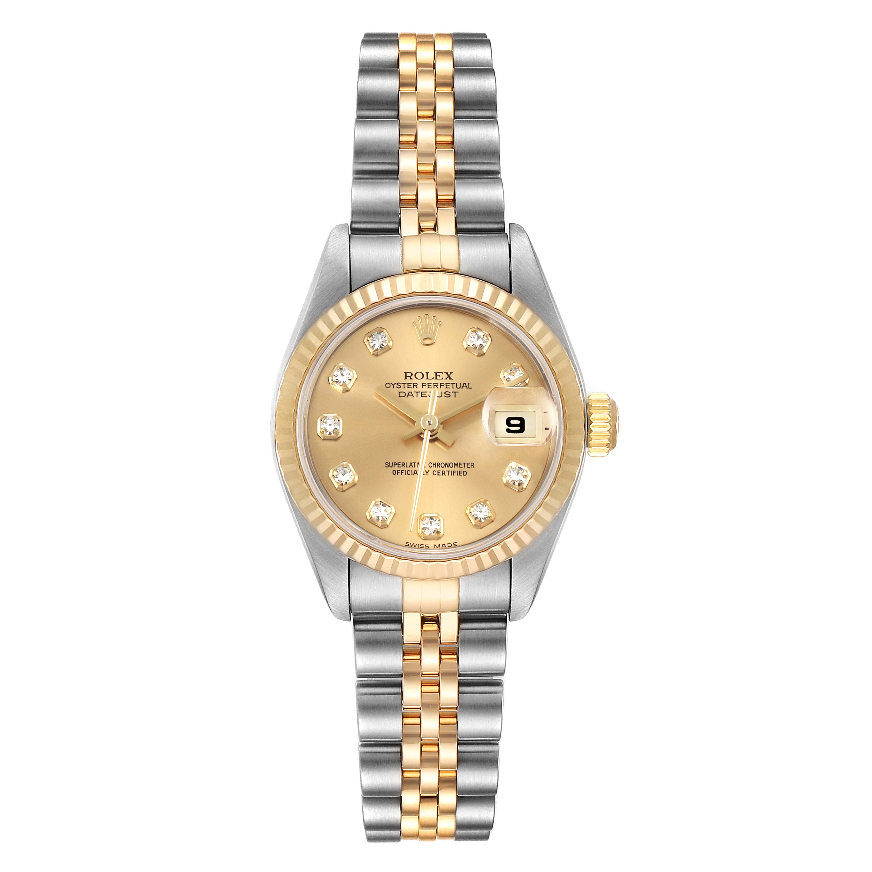 This image shows a front view of a Rolex Datejust 79173 Women's Stainless Steel Champagne Dial 79173 Women's Stainless Steel Champagne Dial watch, displaying its dial, bezel, crown, and bracelet.