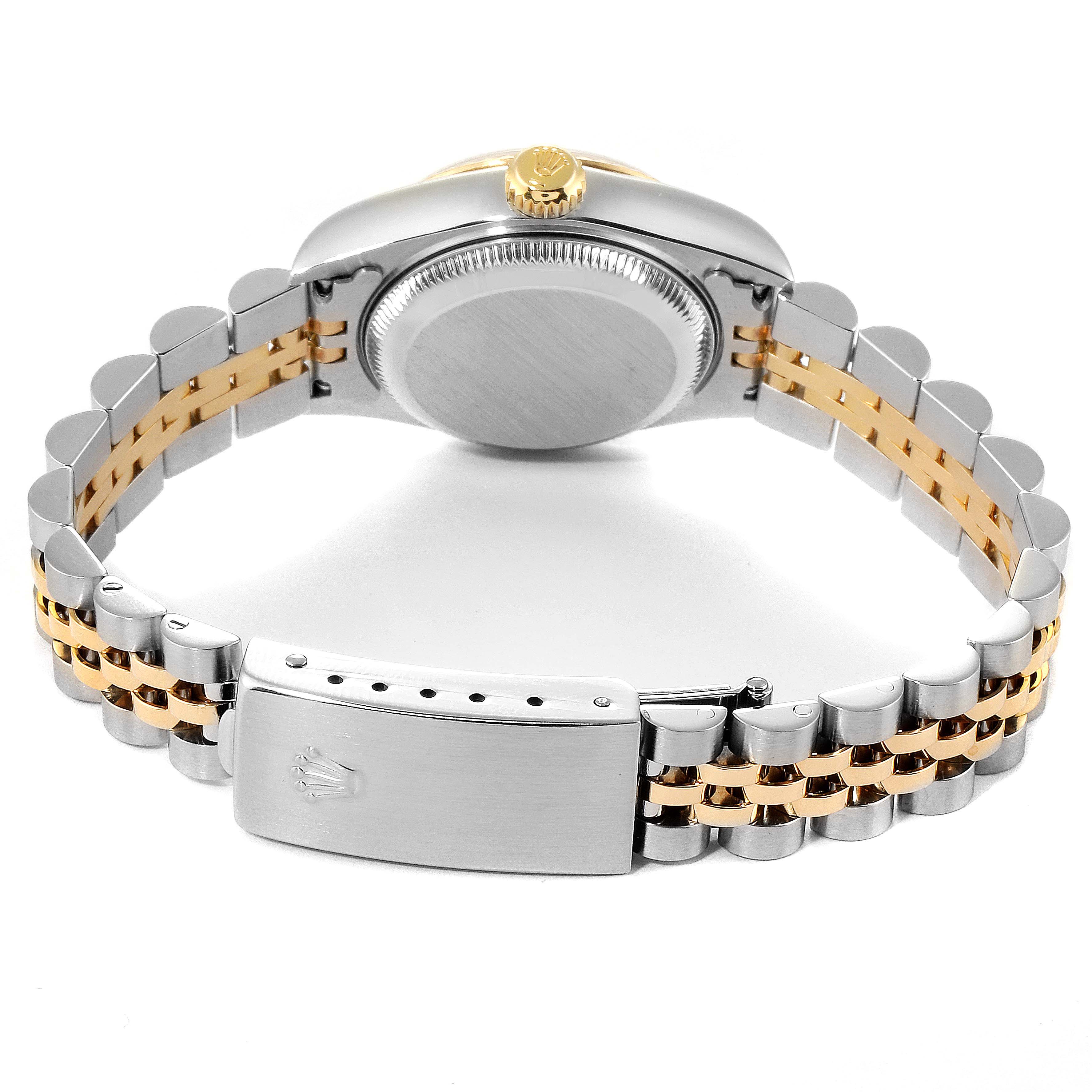This image shows the case back, crown, and Jubilee bracelet of a Rolex Datejust 79173 Women's Stainless Steel Champagne Dial 79173 Women's Stainless Steel Champagne Dial watch viewed from the rear.