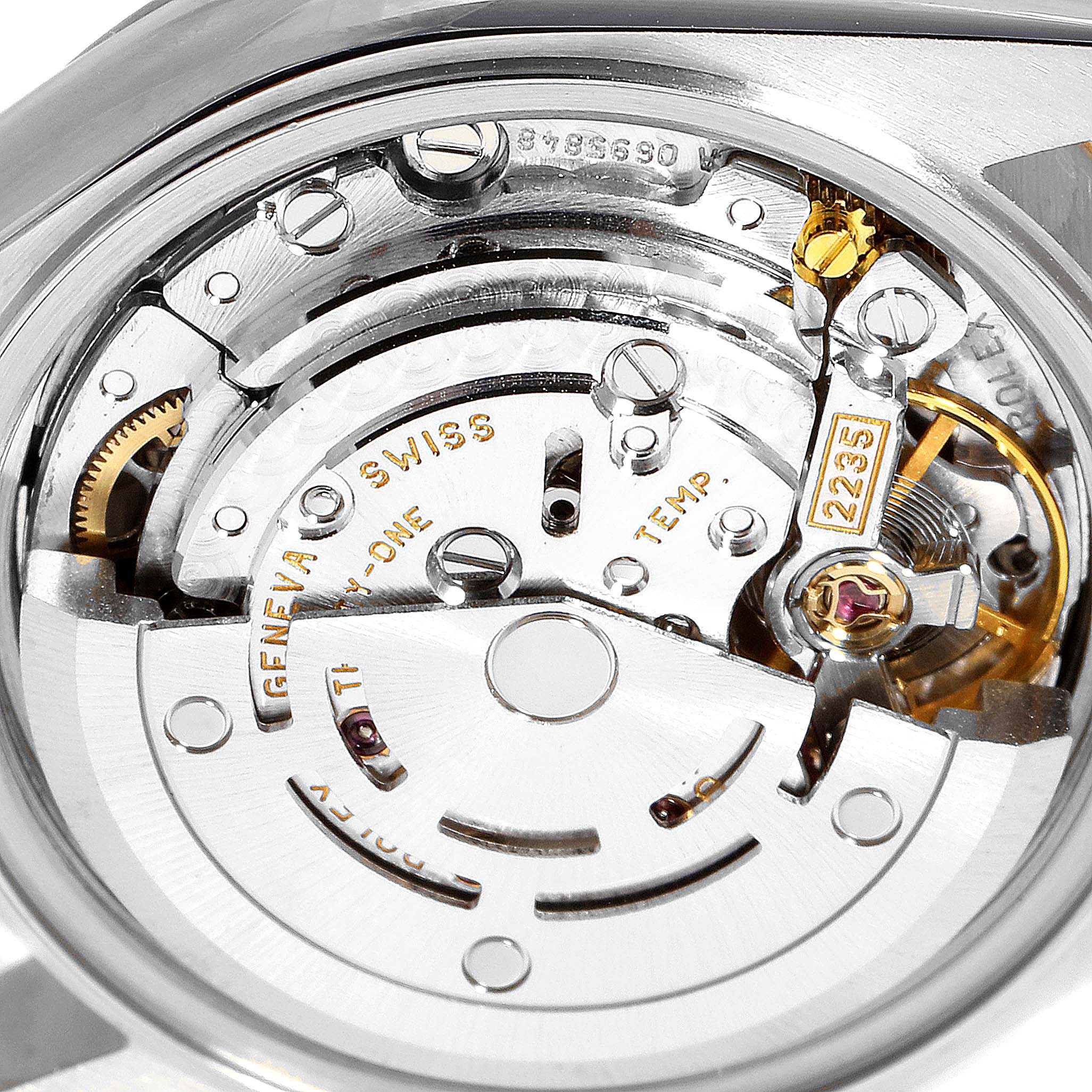 The image shows a close-up of the internal mechanical movement of a Rolex Datejust 79173 Women's Stainless Steel Champagne Dial 79173 Women's Stainless Steel Champagne Dial watch.