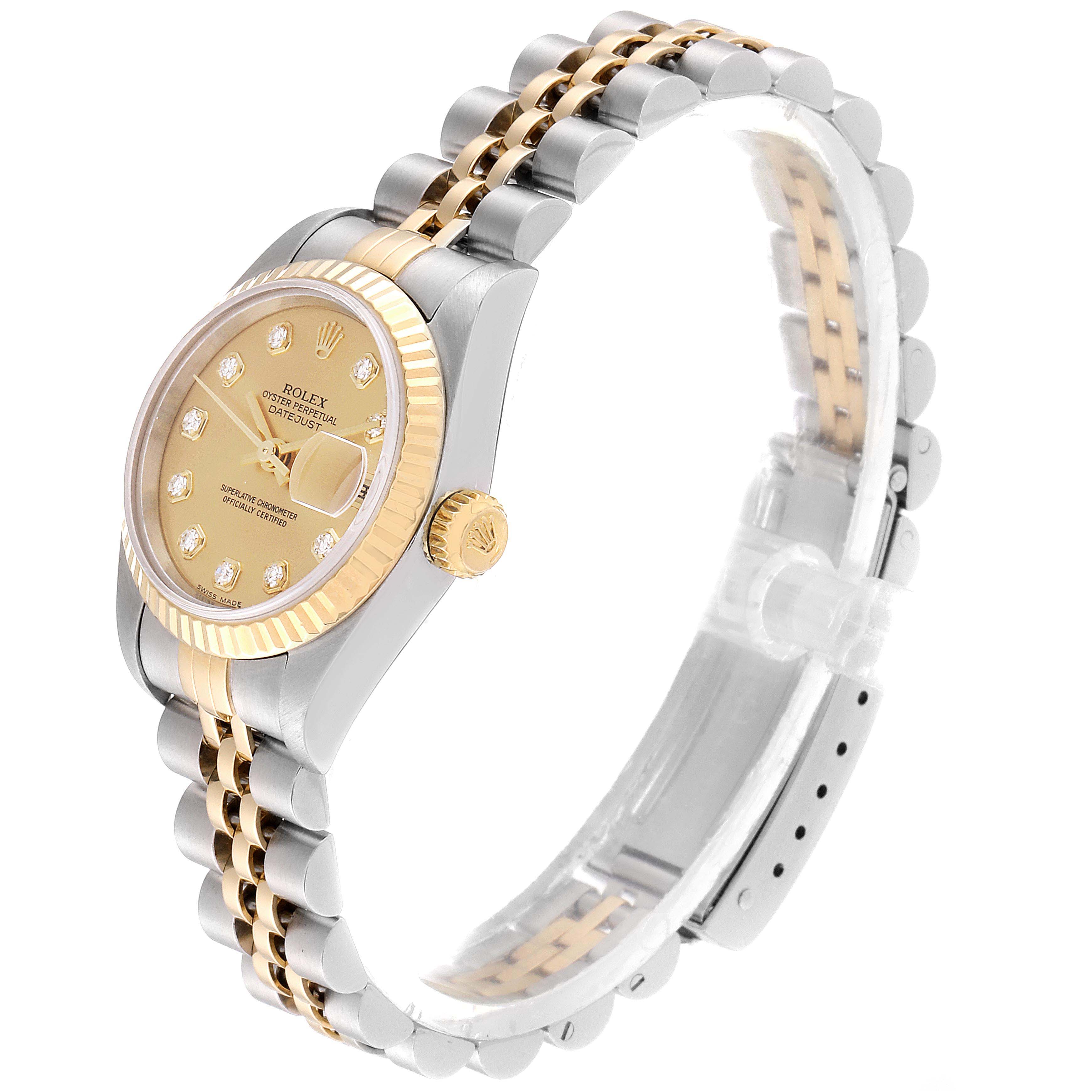 The image shows a side-angle view of the Rolex Datejust 79173 Women's Stainless Steel Champagne Dial 79173 Women's Stainless Steel Champagne Dial, displaying its dial, bezel, crown, and bracelet.