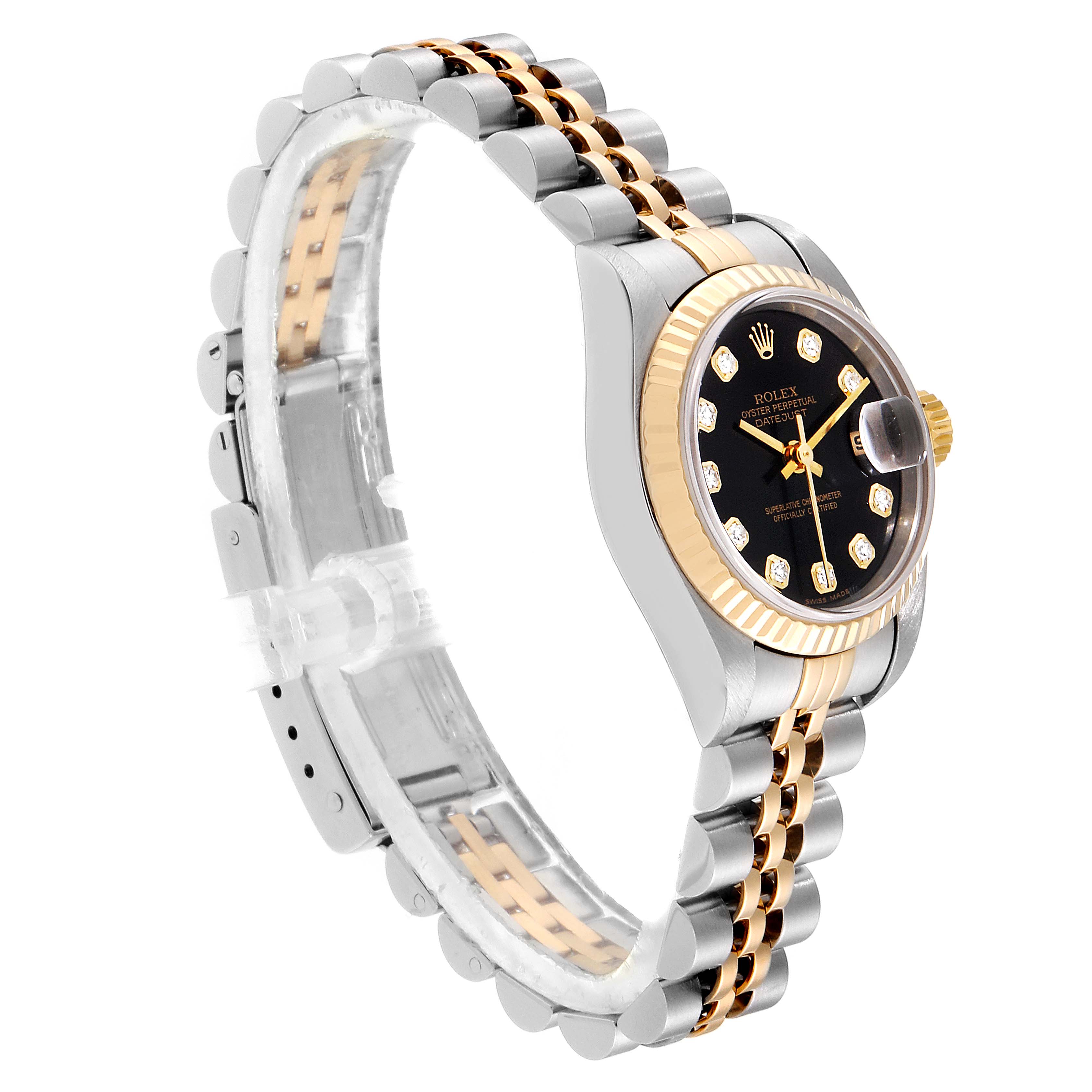 This image shows a Rolex Datejust 79173 Women's Stainless Steel Black Dial 79173 Women's Stainless Steel Black Dial watch at a three-quarter angle, highlighting the bezel, dial, and bracelet.