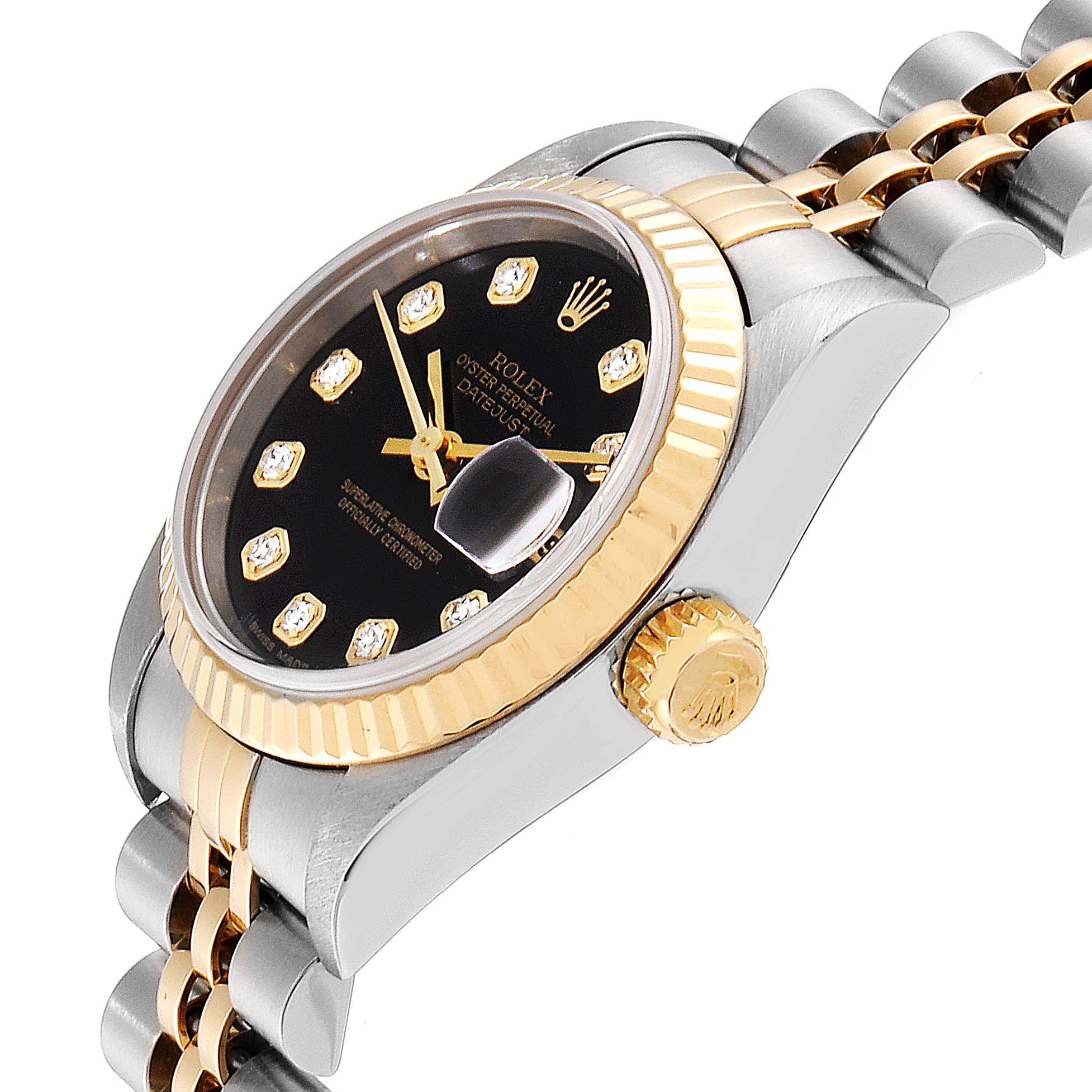 This image shows a side view of a Rolex Datejust 79173 Women's Stainless Steel Black Dial 79173 Women's Stainless Steel Black Dial watch, highlighting its crown, bezel, and part of the bracelet.