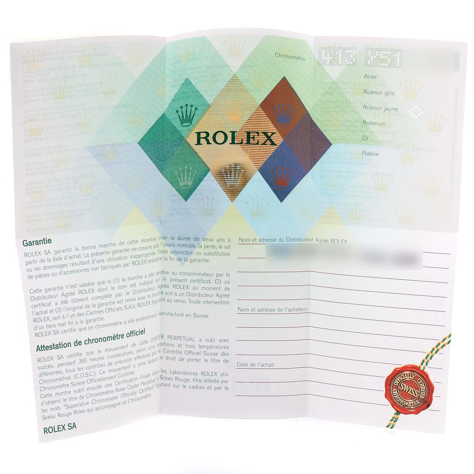The image shows an open warranty booklet for the Rolex Datejust 79173 Women's Stainless Steel Black Dial 79173 Women's Stainless Steel Black Dial model, displaying guarantee information and a red seal.